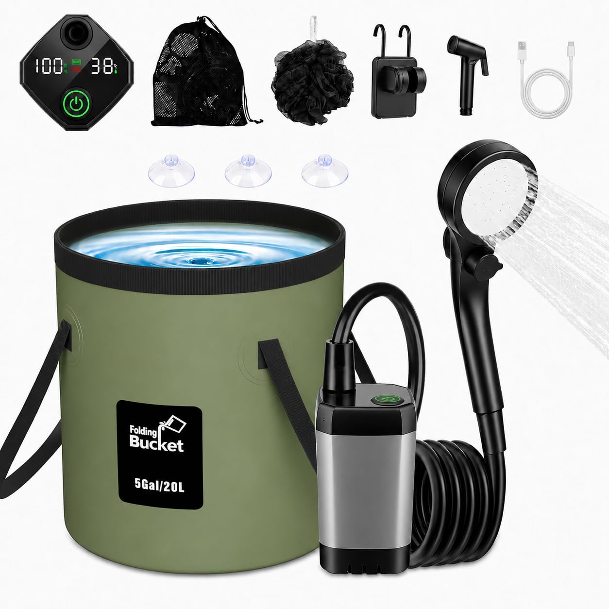 Rechargeable Portable Camping Shower with Foldable Bucket