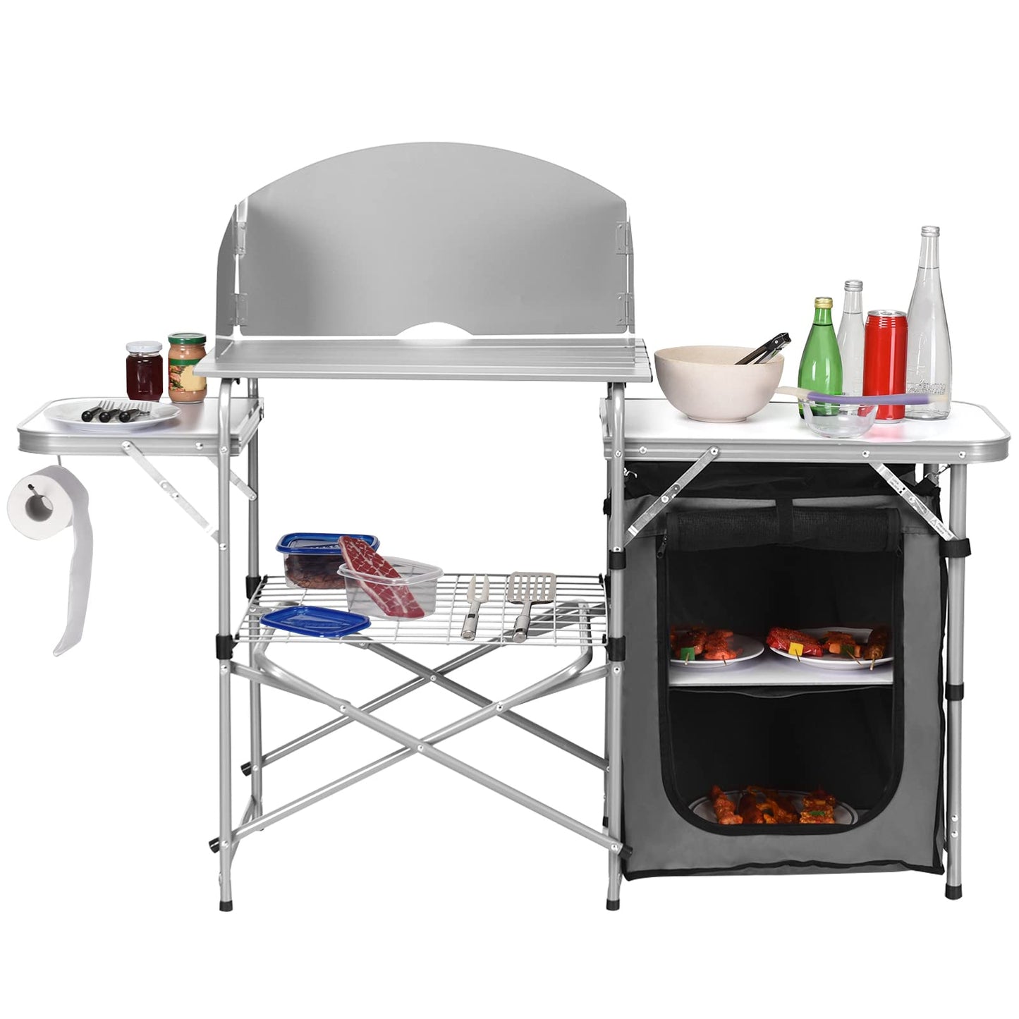 Portable Camping Kitchen Table with Storage and Windscreen