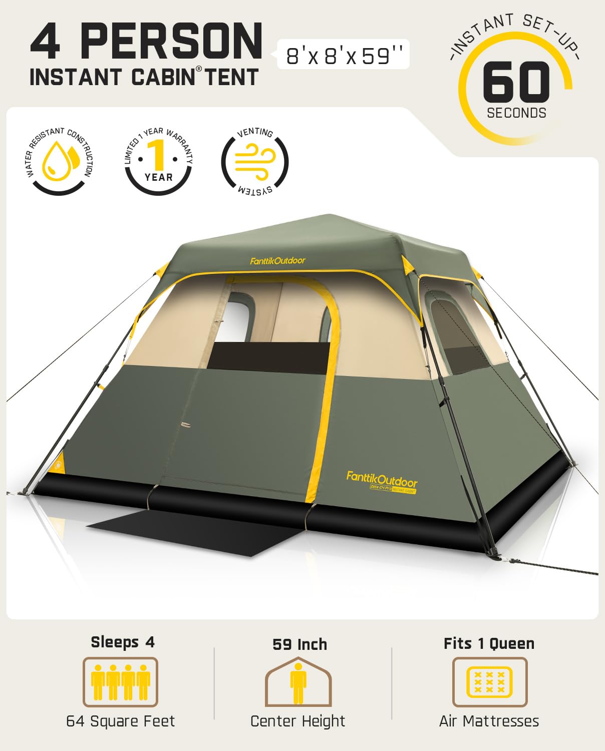 Instant Cabin Camping Tent with Rainfly and Carry Bag