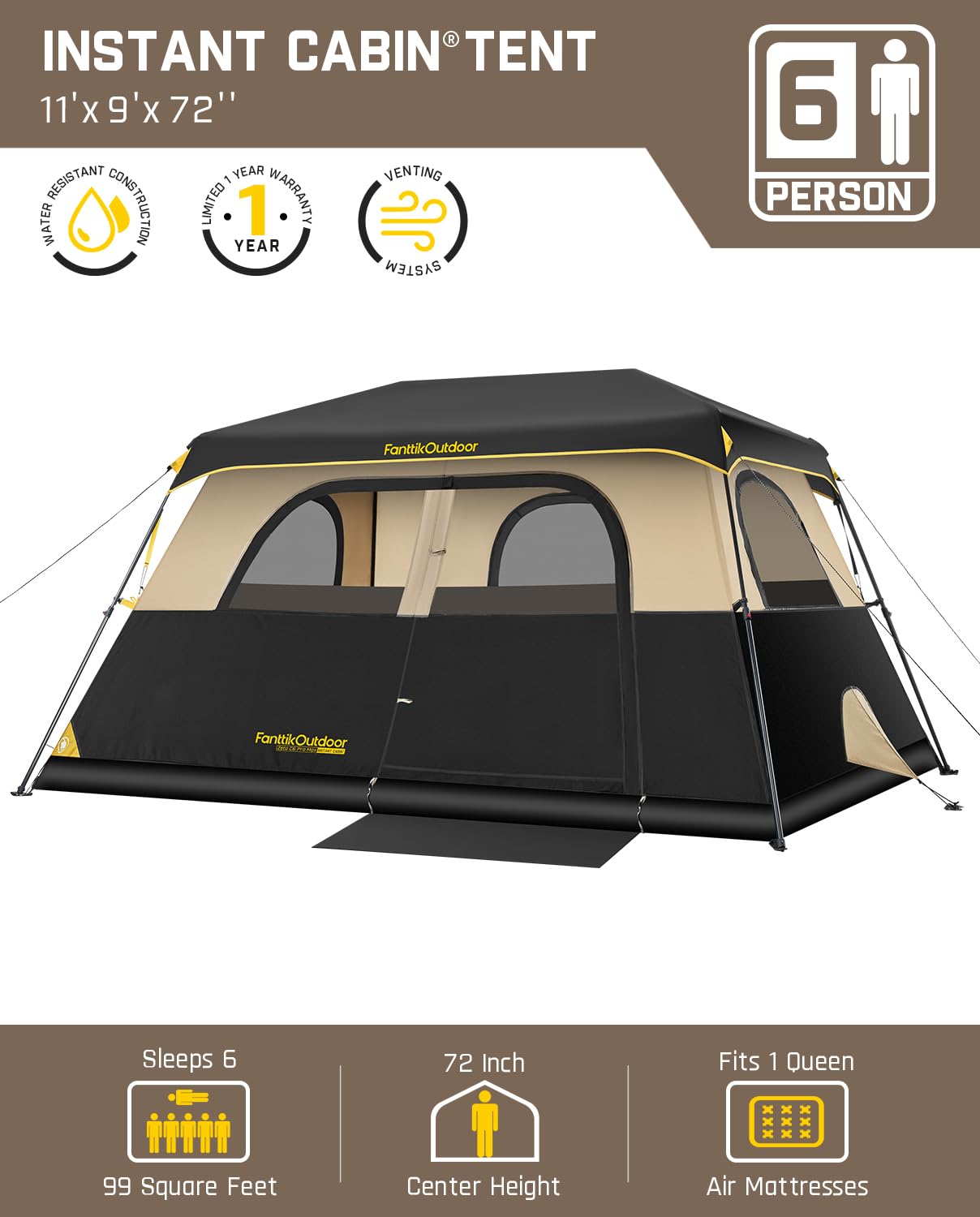Instant Cabin Camping Tent with Rainfly and Carry Bag