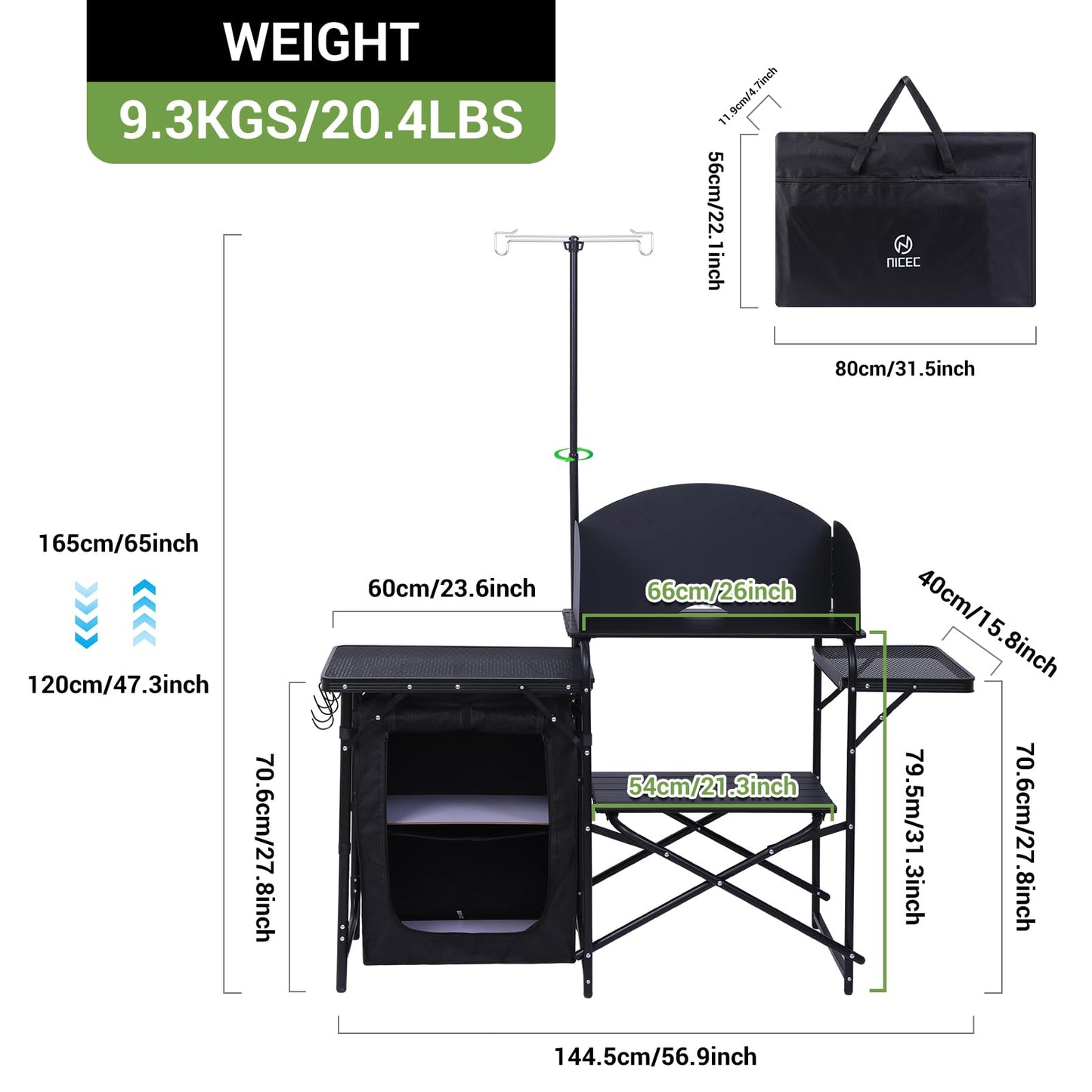 Folding Camping Kitchen Station with Light Stand and Organizers