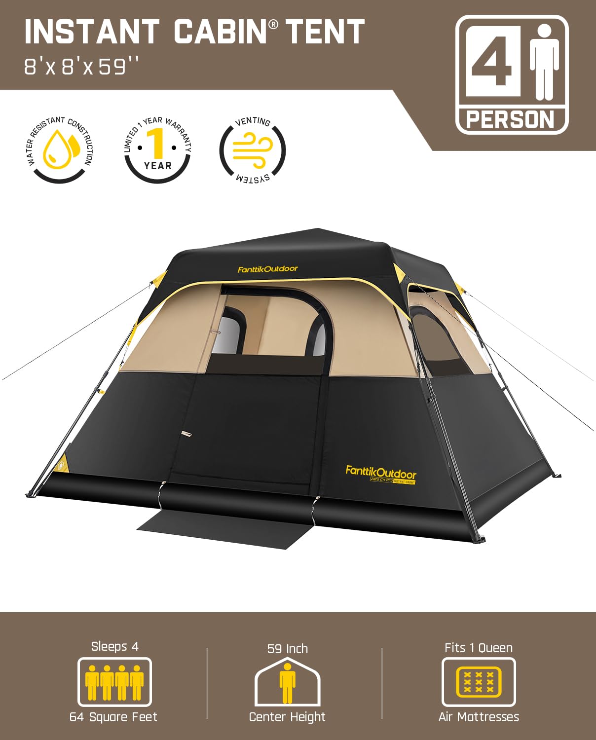 Instant Cabin Camping Tent with Rainfly and Carry Bag
