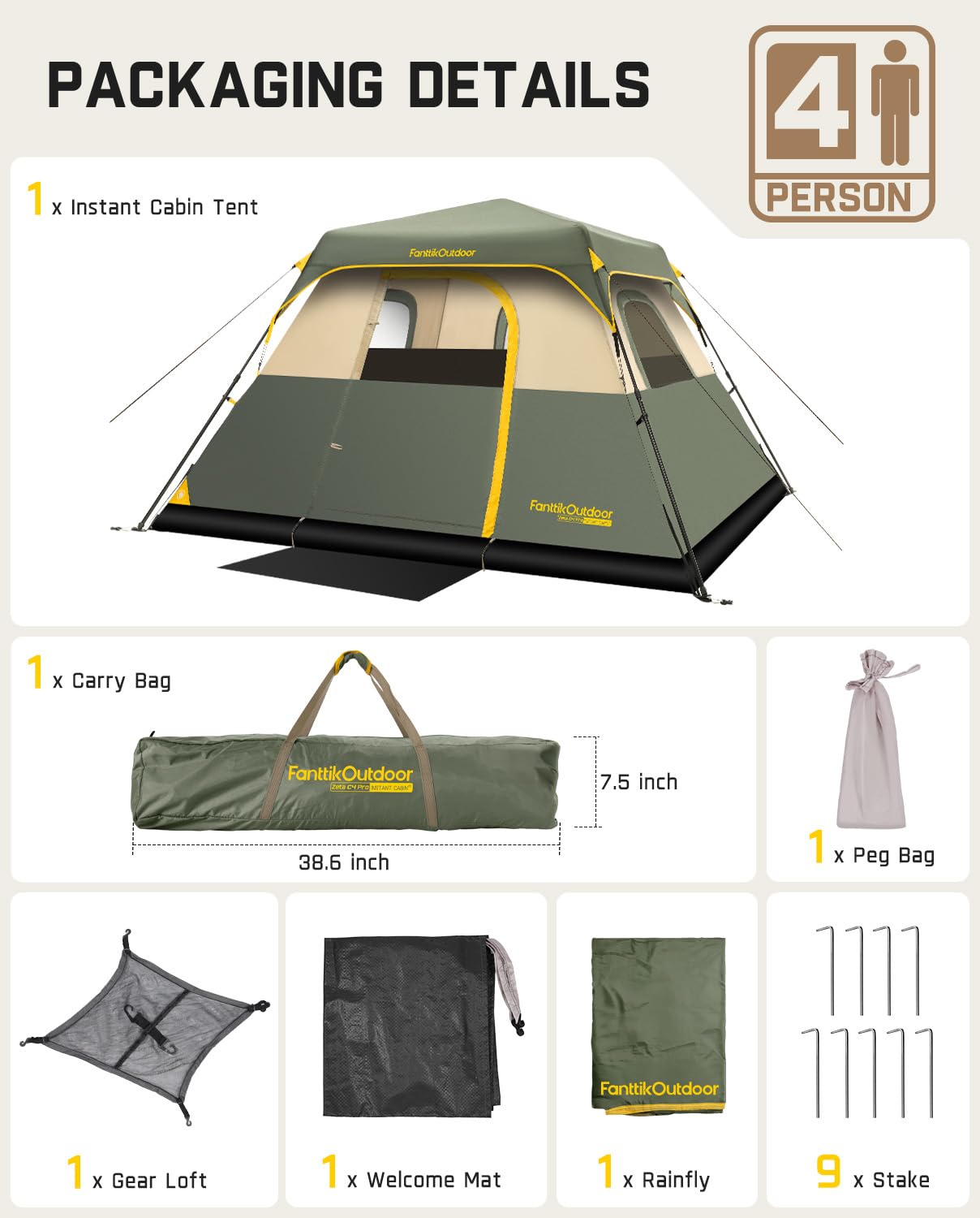 Instant Cabin Camping Tent with Rainfly and Carry Bag
