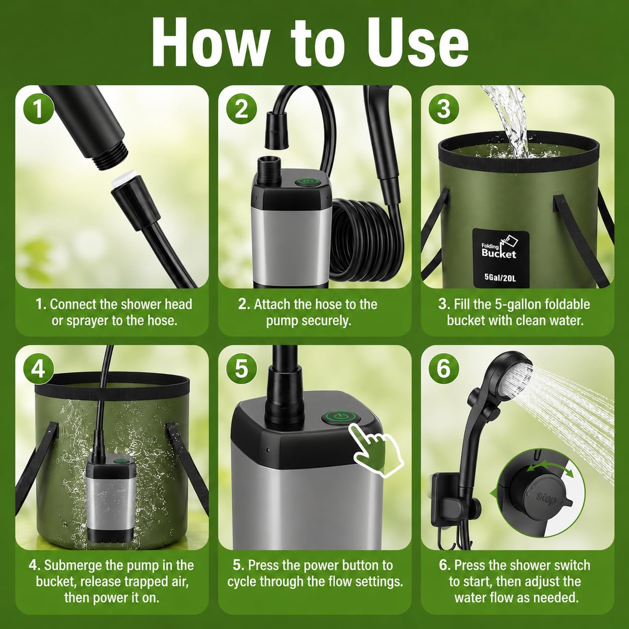 Rechargeable Portable Camping Shower with Foldable Bucket