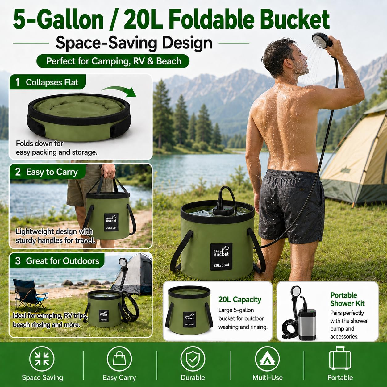 Rechargeable Portable Camping Shower with Foldable Bucket
