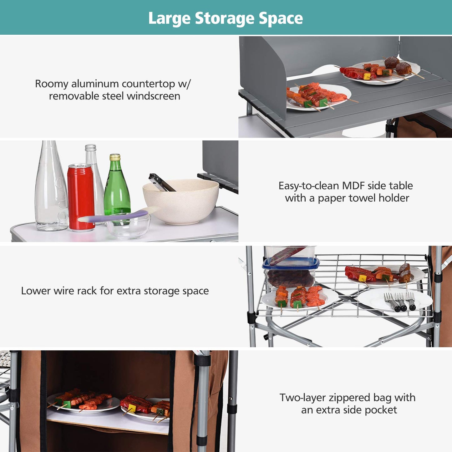 Portable Camping Kitchen Table with Storage and Windscreen