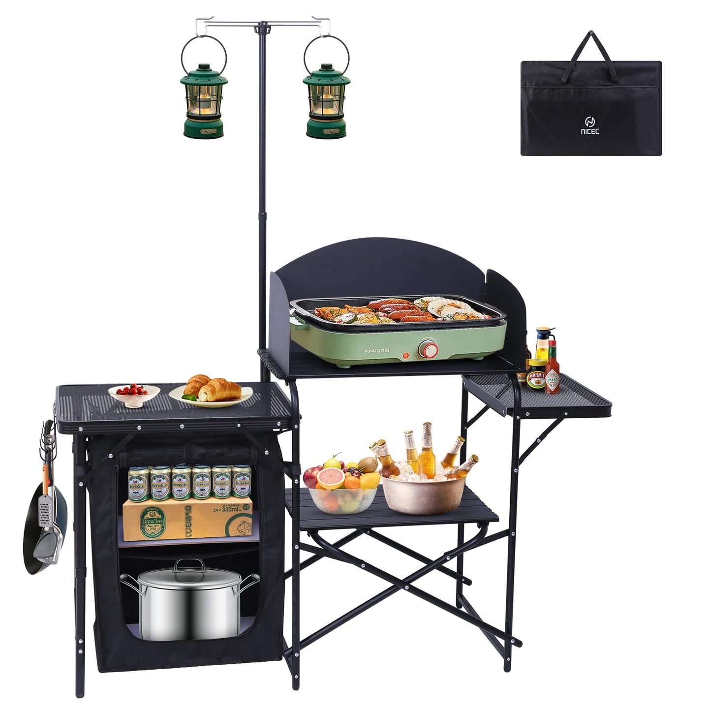 Folding Camping Kitchen Station with Light Stand and Organizers