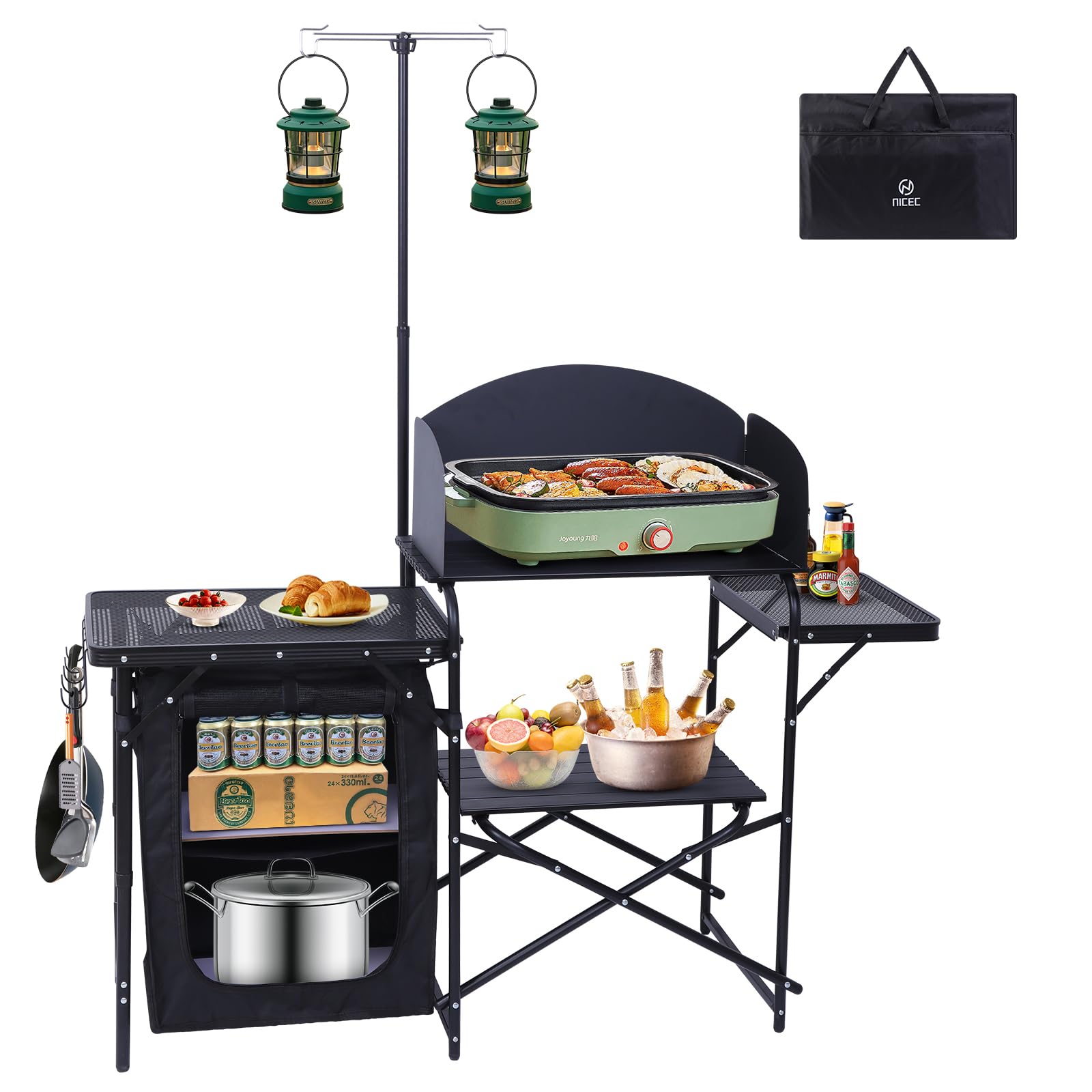 Folding Camping Kitchen Station with Light Stand and Organizers