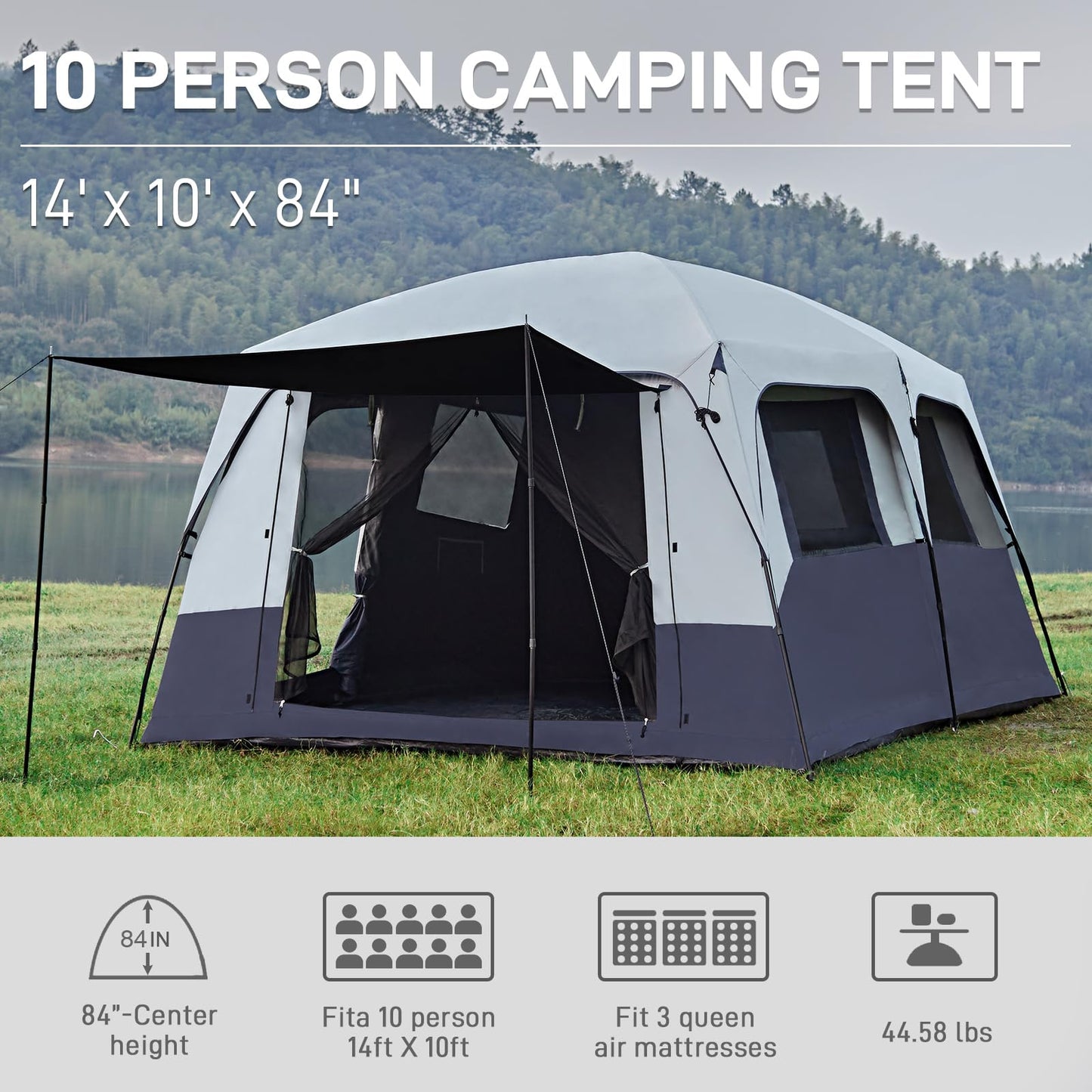 10-Person Multi-Room Blackout Camping Tent with Rainfly