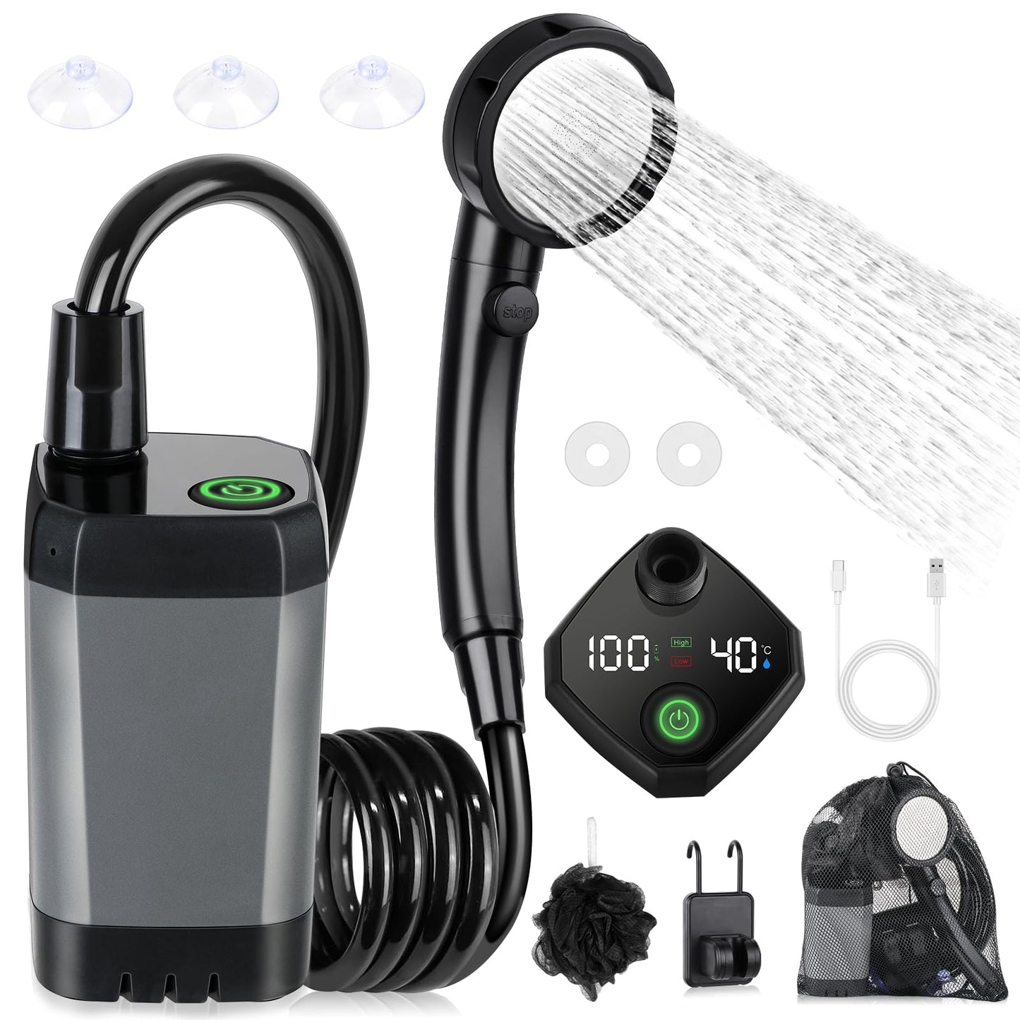 Rechargeable Portable Camping Shower with LED Display and 4 Spray Modes