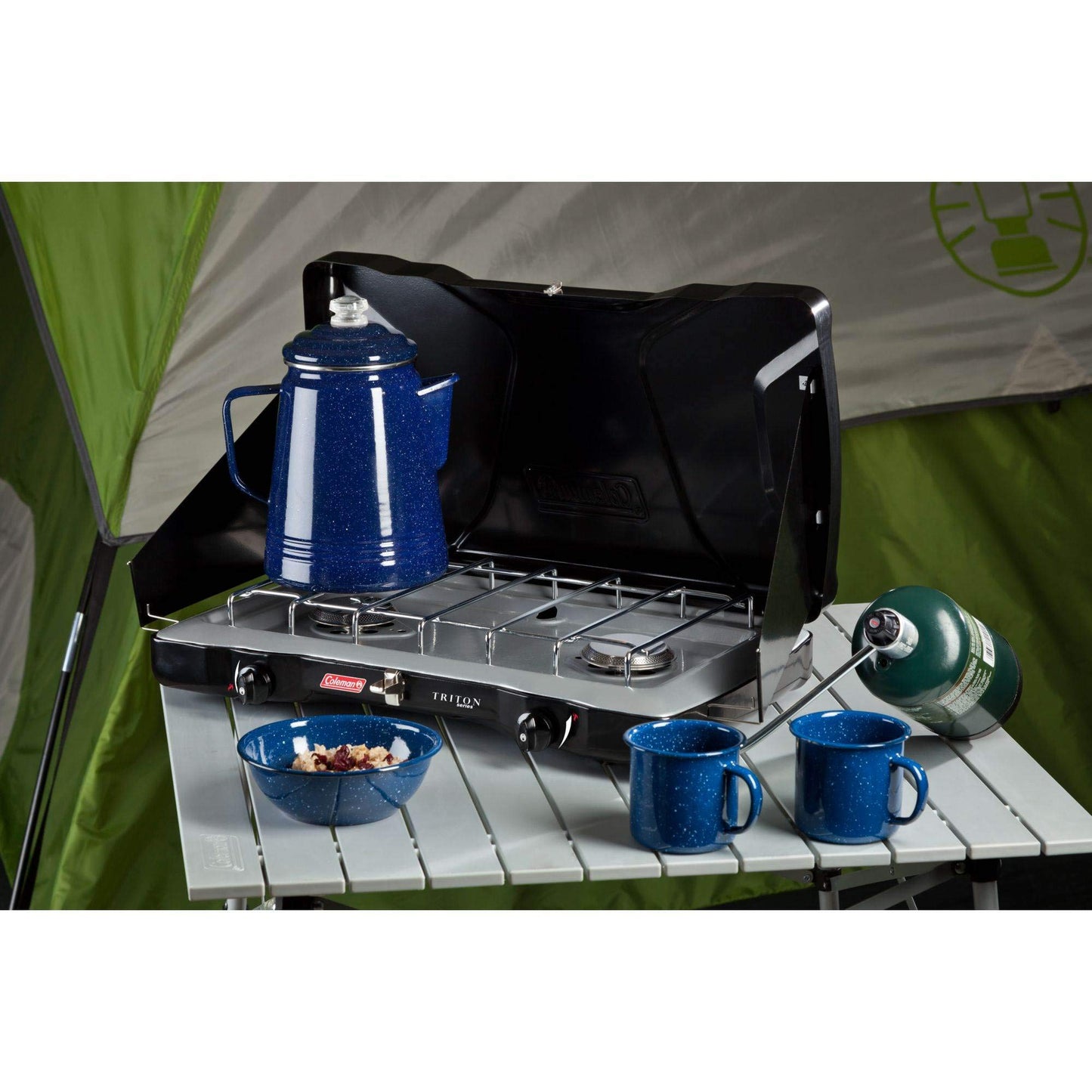 Portable 2-Burner Propane Camping Stove with Wind Guards