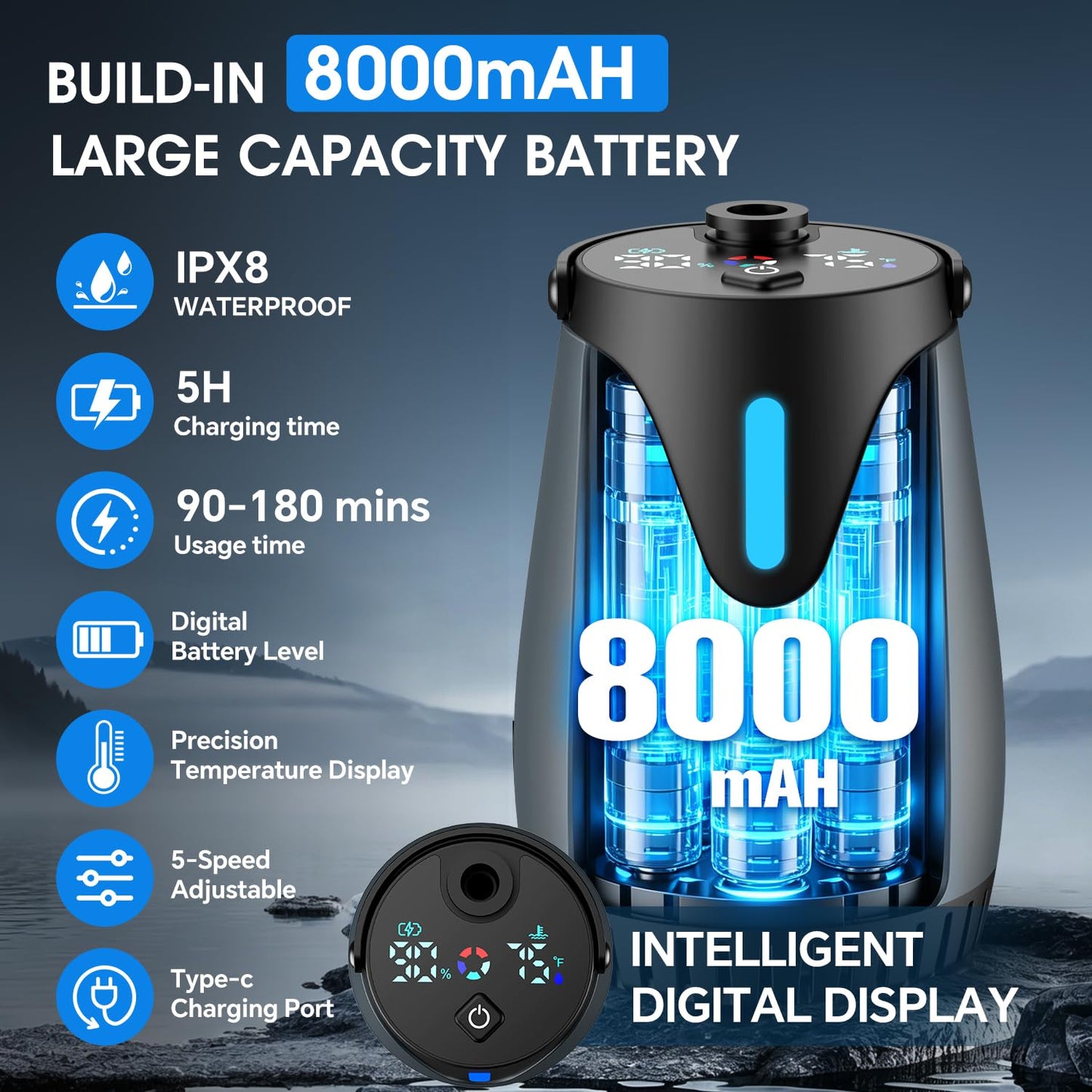 Rechargeable Camping Shower with 5 Pressure Settings and LED Display