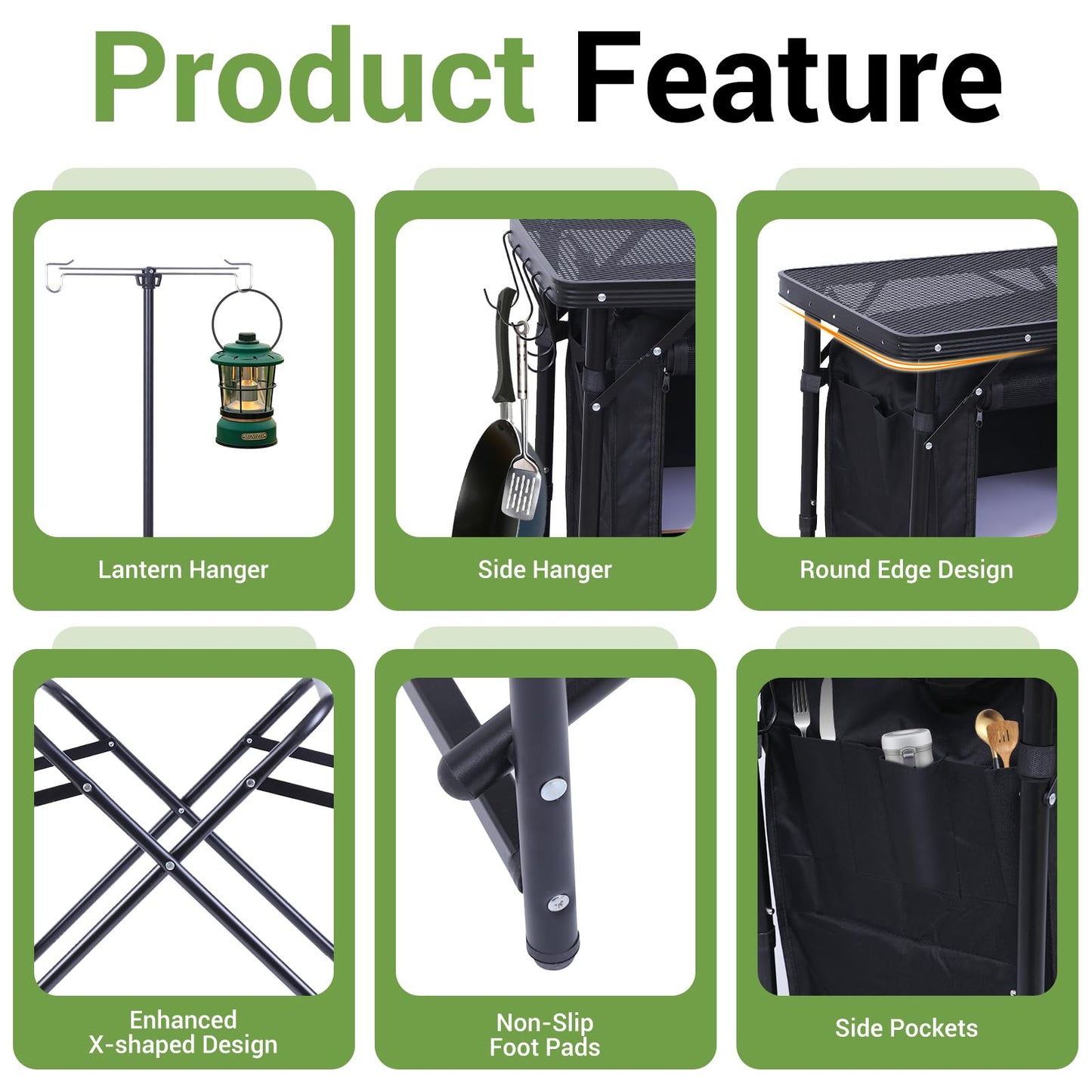 Folding Camping Kitchen Station with Light Stand and Organizers