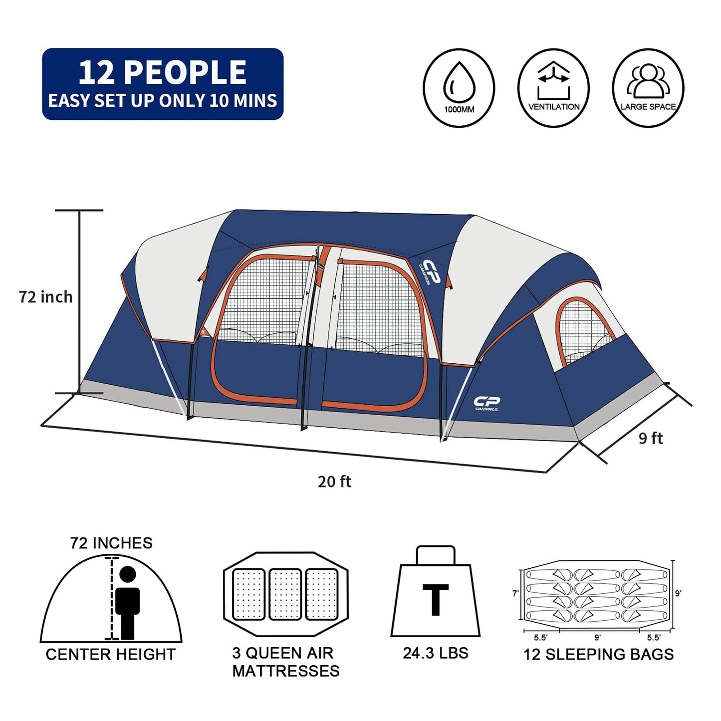 12-Person Three-Room Family Camping Tent with Rainfly