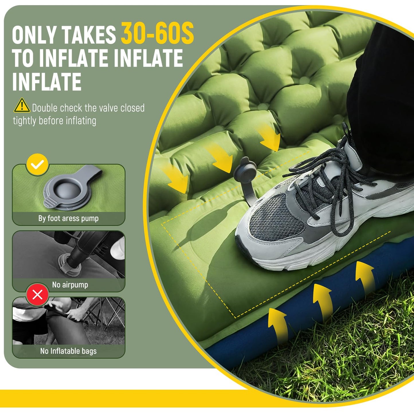 Extra-Thick Double Sleeping Pad with Built-In Pillow & Foot Pump