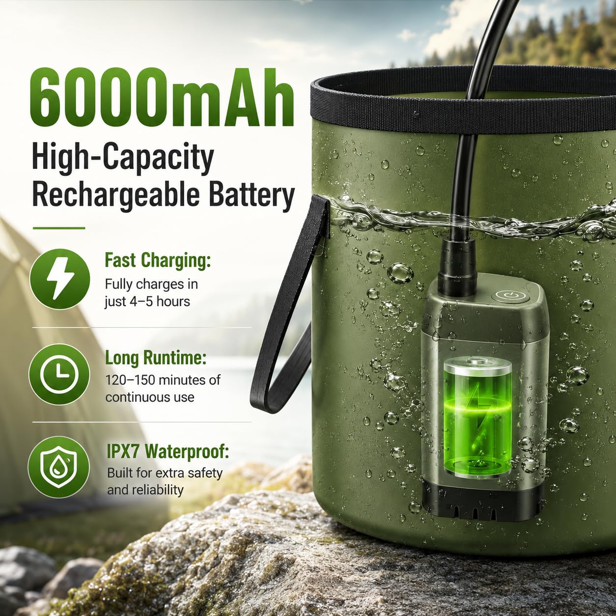 Rechargeable Portable Camping Shower with Foldable Bucket