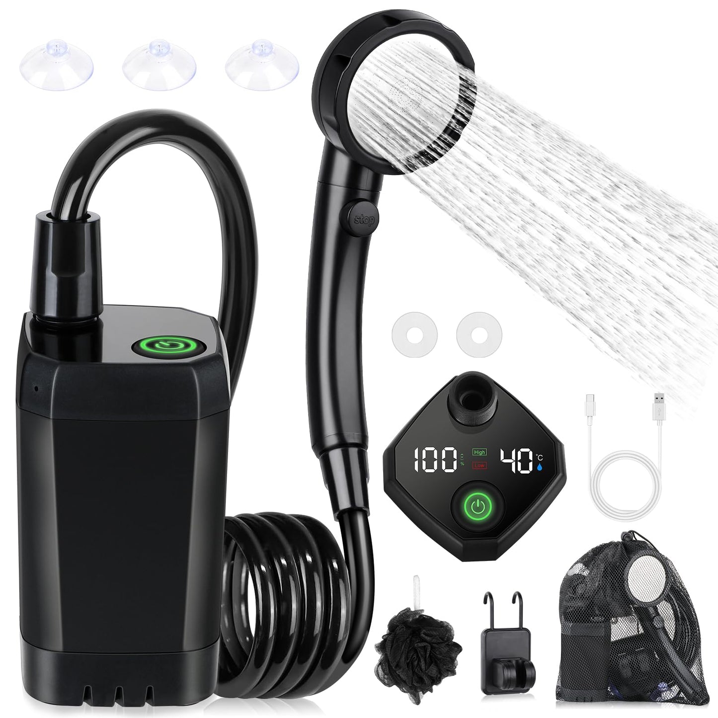 Rechargeable Portable Camping Shower with LED Display and 4 Spray Modes