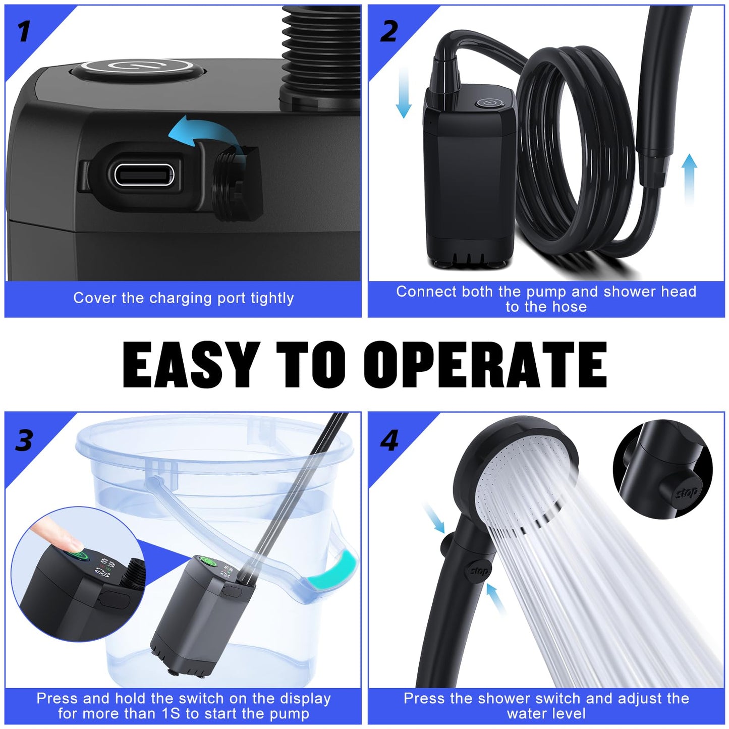 Rechargeable Portable Camping Shower with LED Display and 4 Spray Modes