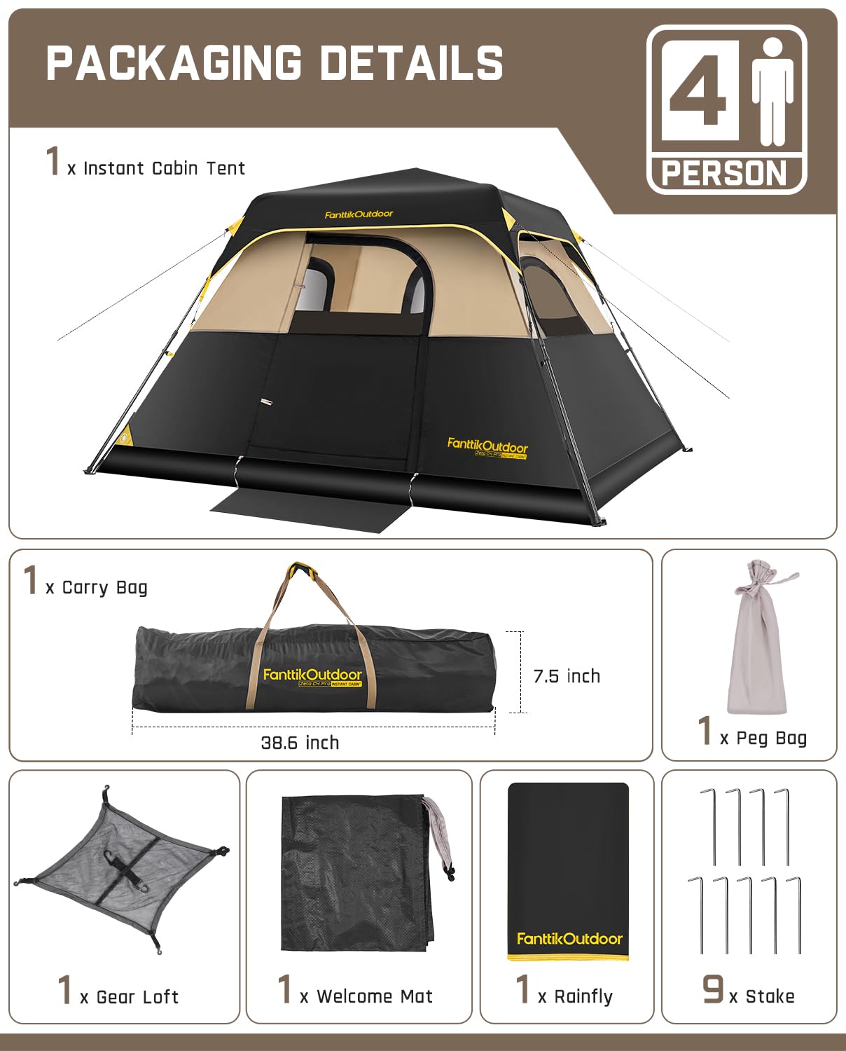 Instant Cabin Camping Tent with Rainfly and Carry Bag