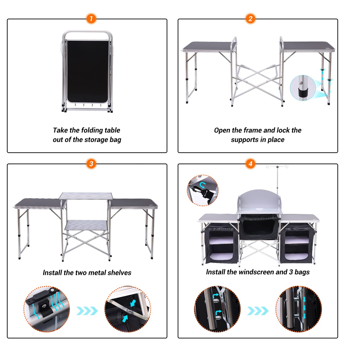 Folding Camping Kitchen Table with Light Stand and Organizers