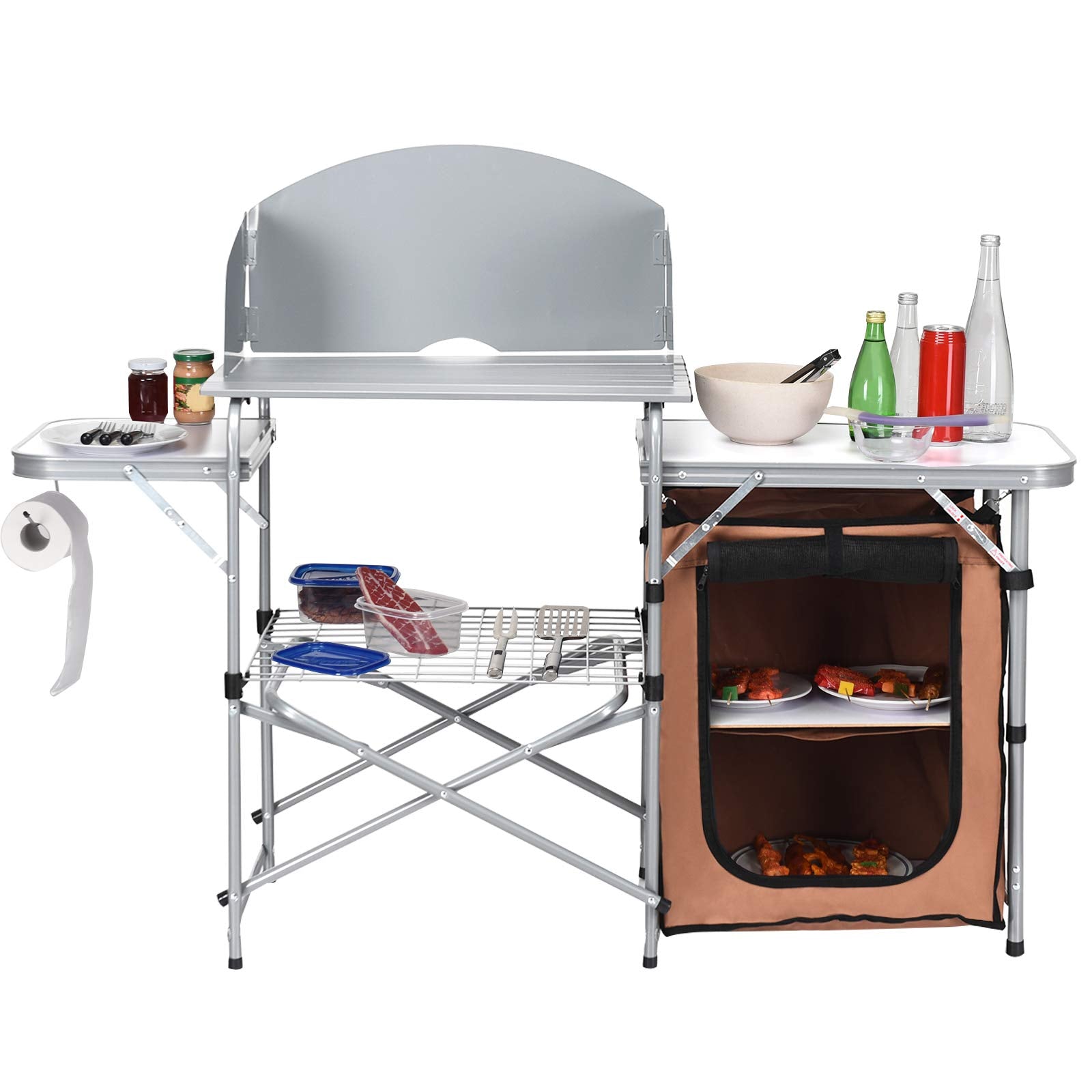 Portable Camping Kitchen Table with Storage and Windscreen