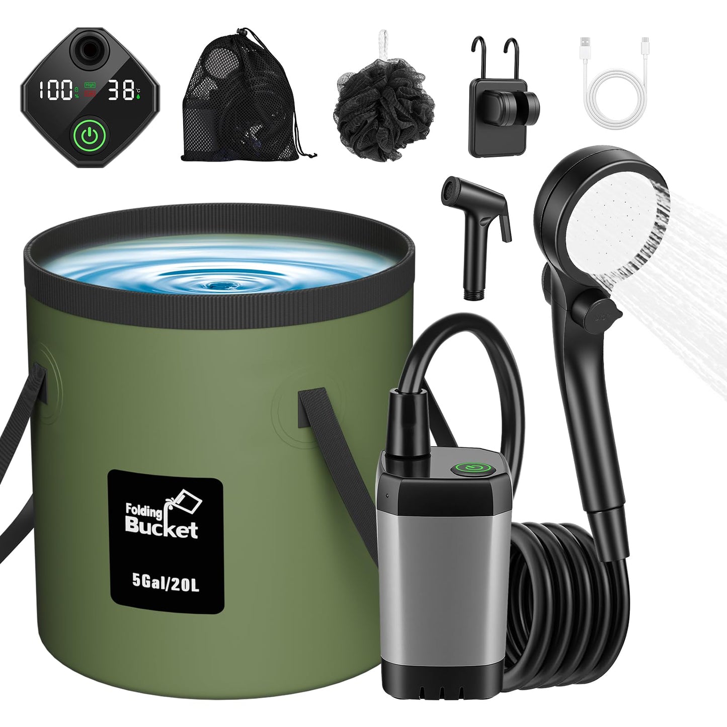 Rechargeable Portable Camping Shower with Foldable Bucket