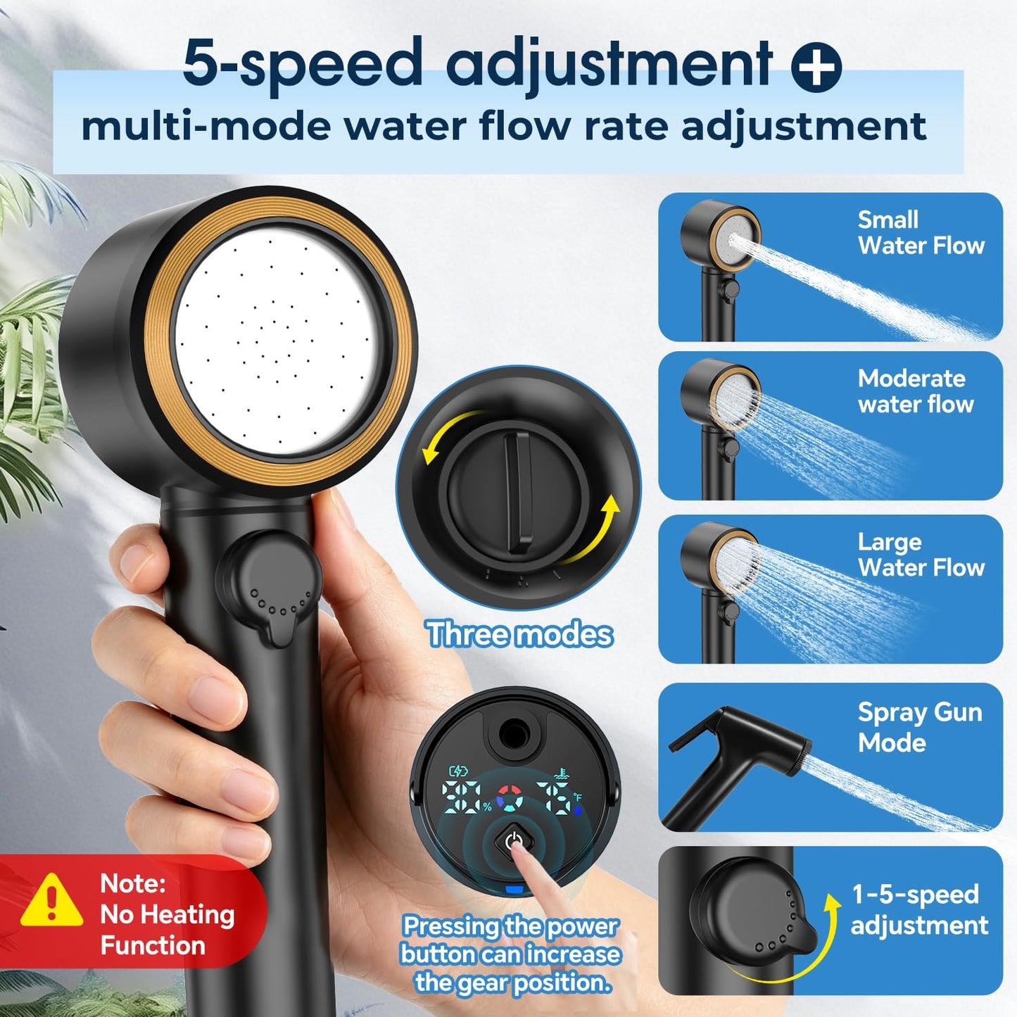 Rechargeable Camping Shower with 5 Pressure Settings and LED Display