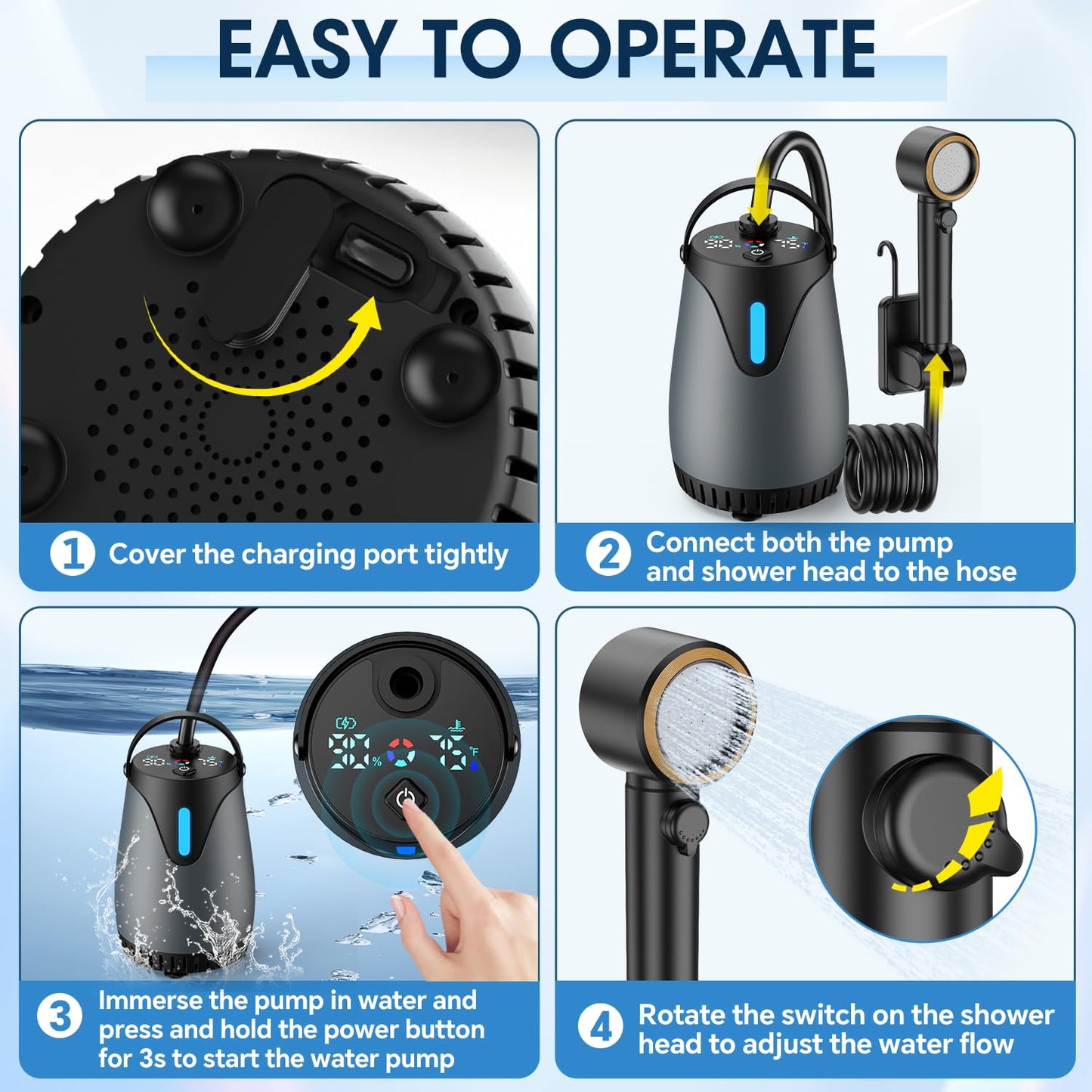 Rechargeable Camping Shower with 5 Pressure Settings and LED Display