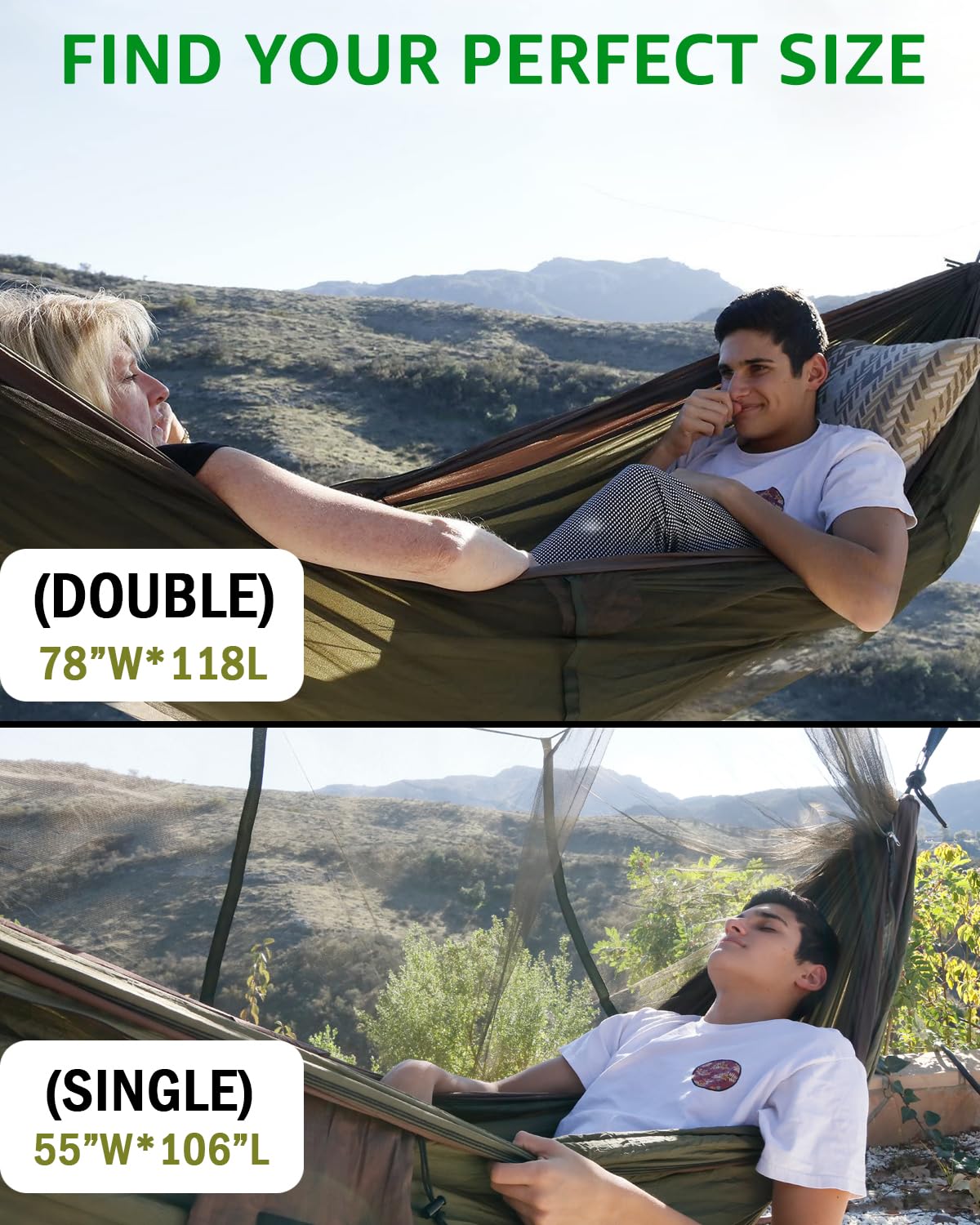 Two-Person Camping Hammock with Net and Tree Straps