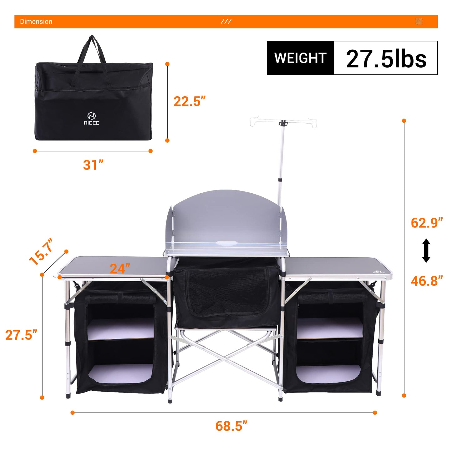 Folding Camping Kitchen Table with Light Stand and Organizers