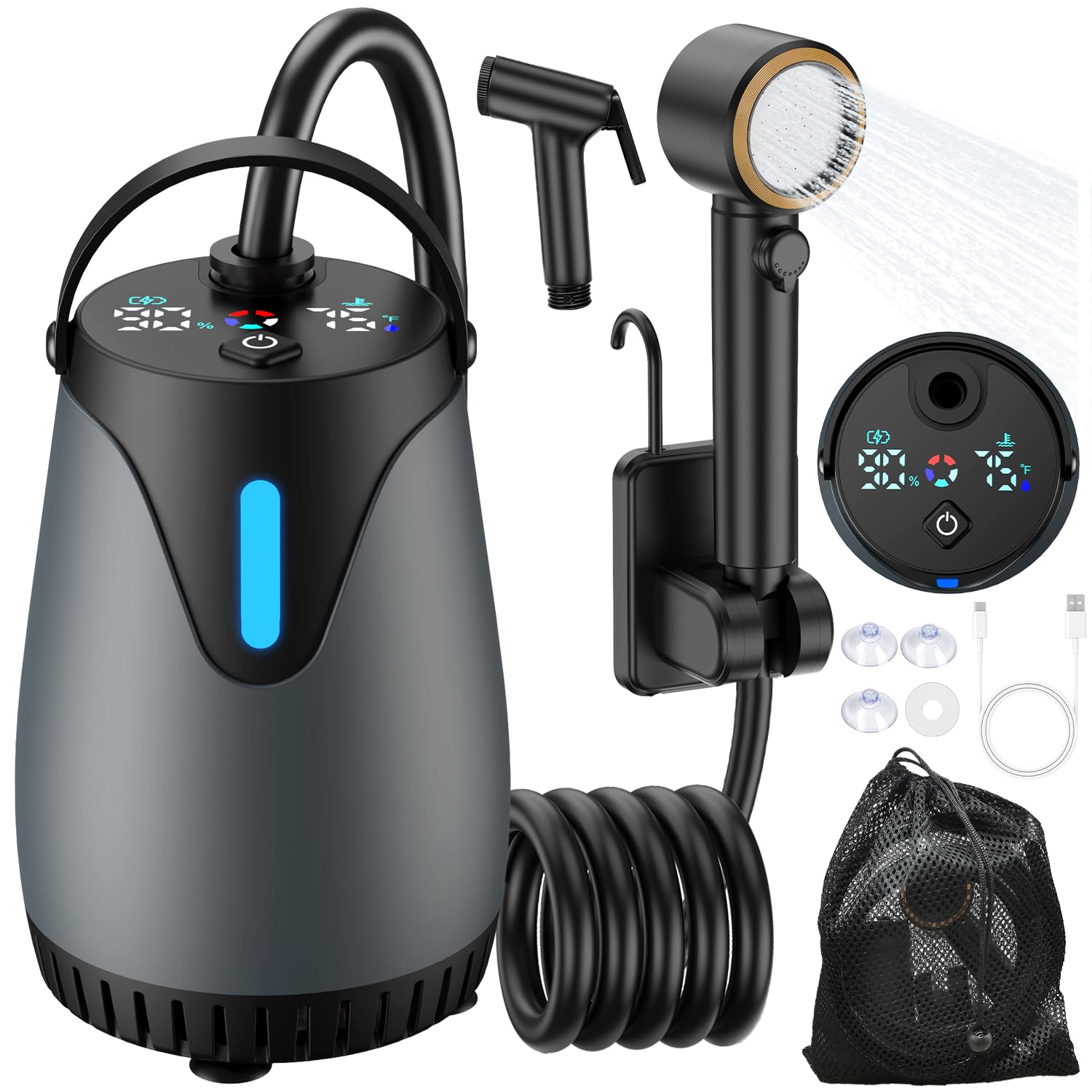 Rechargeable Camping Shower with 5 Pressure Settings and LED Display