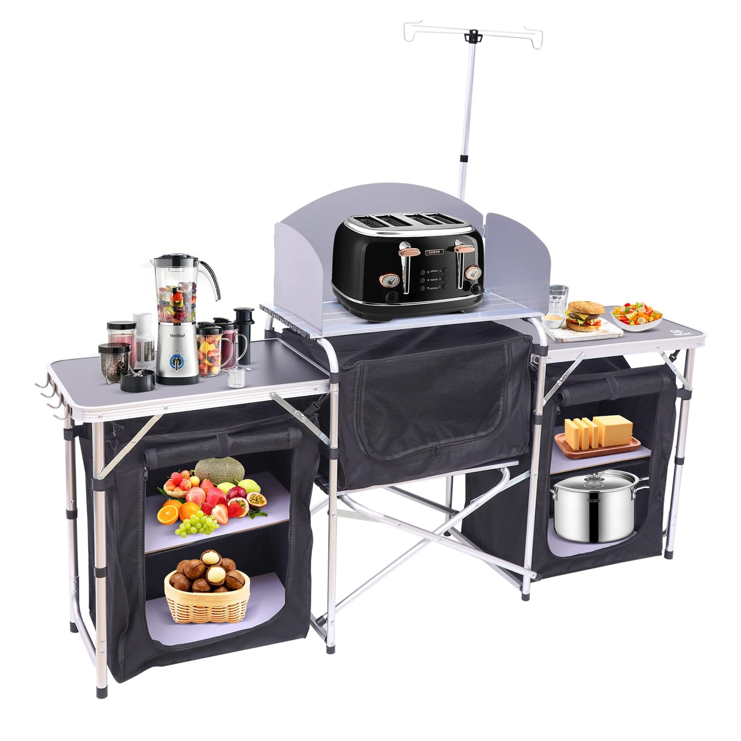 Folding Camping Kitchen Table with Light Stand and Organizers