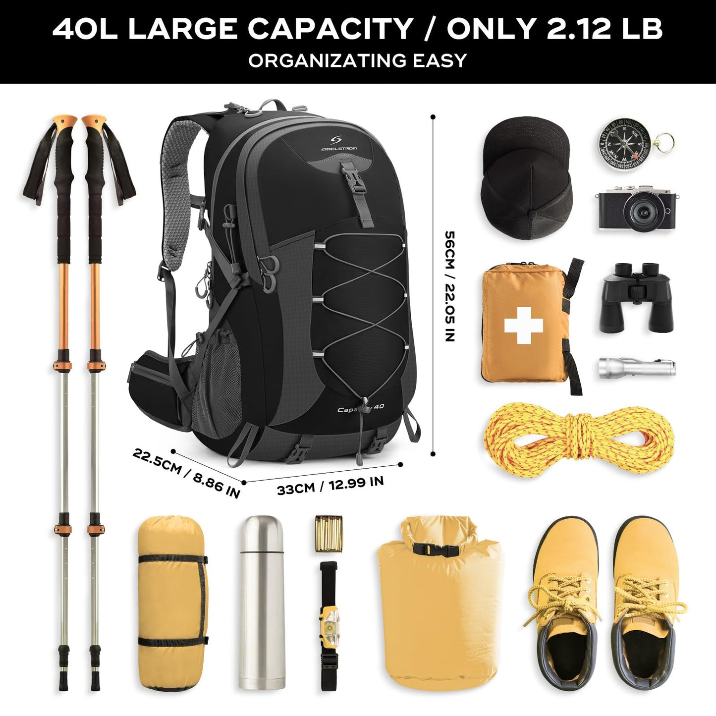 Waterproof 40L Hiking Backpack with Rain Cover