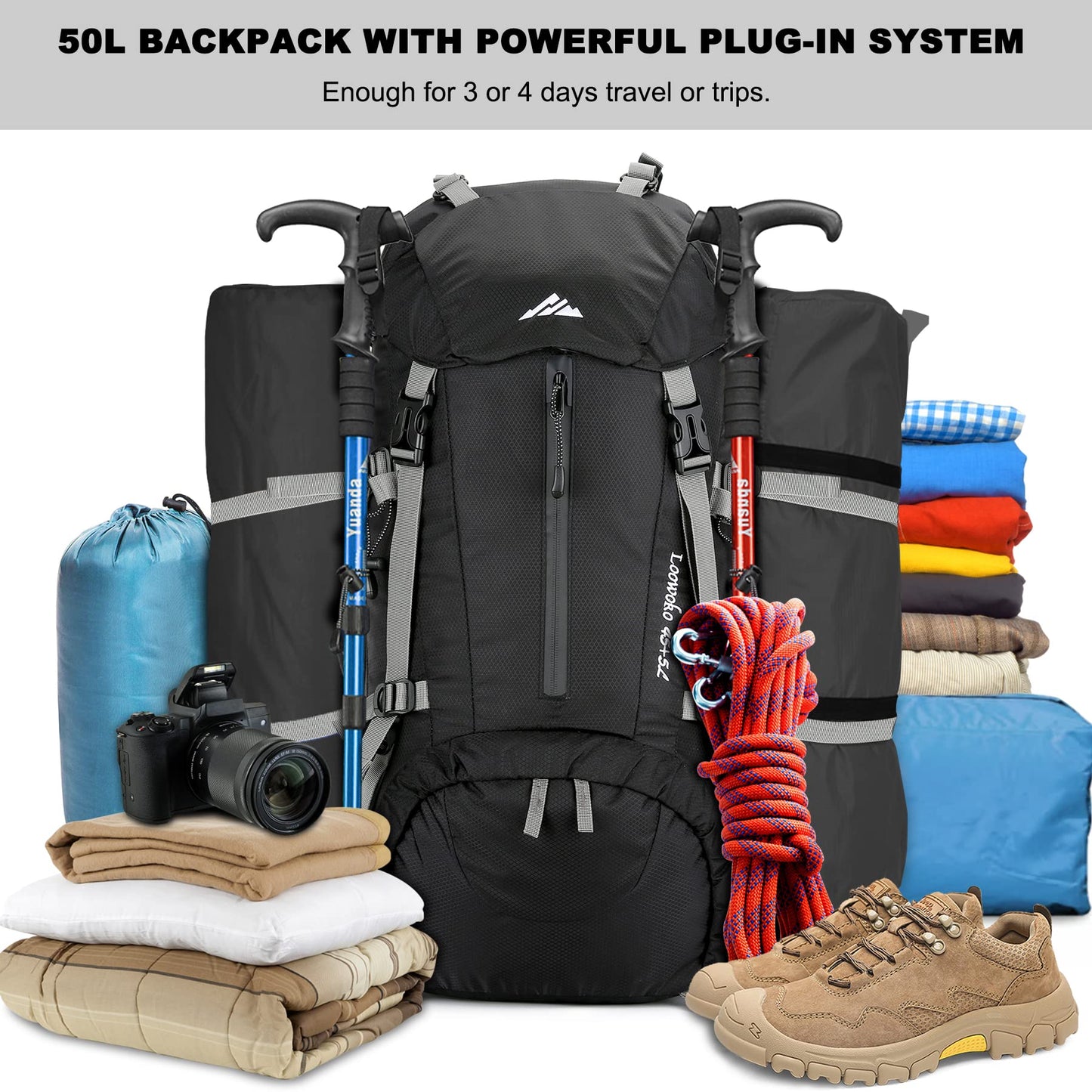 Waterproof 50L Hiking Backpack with Rain Cover