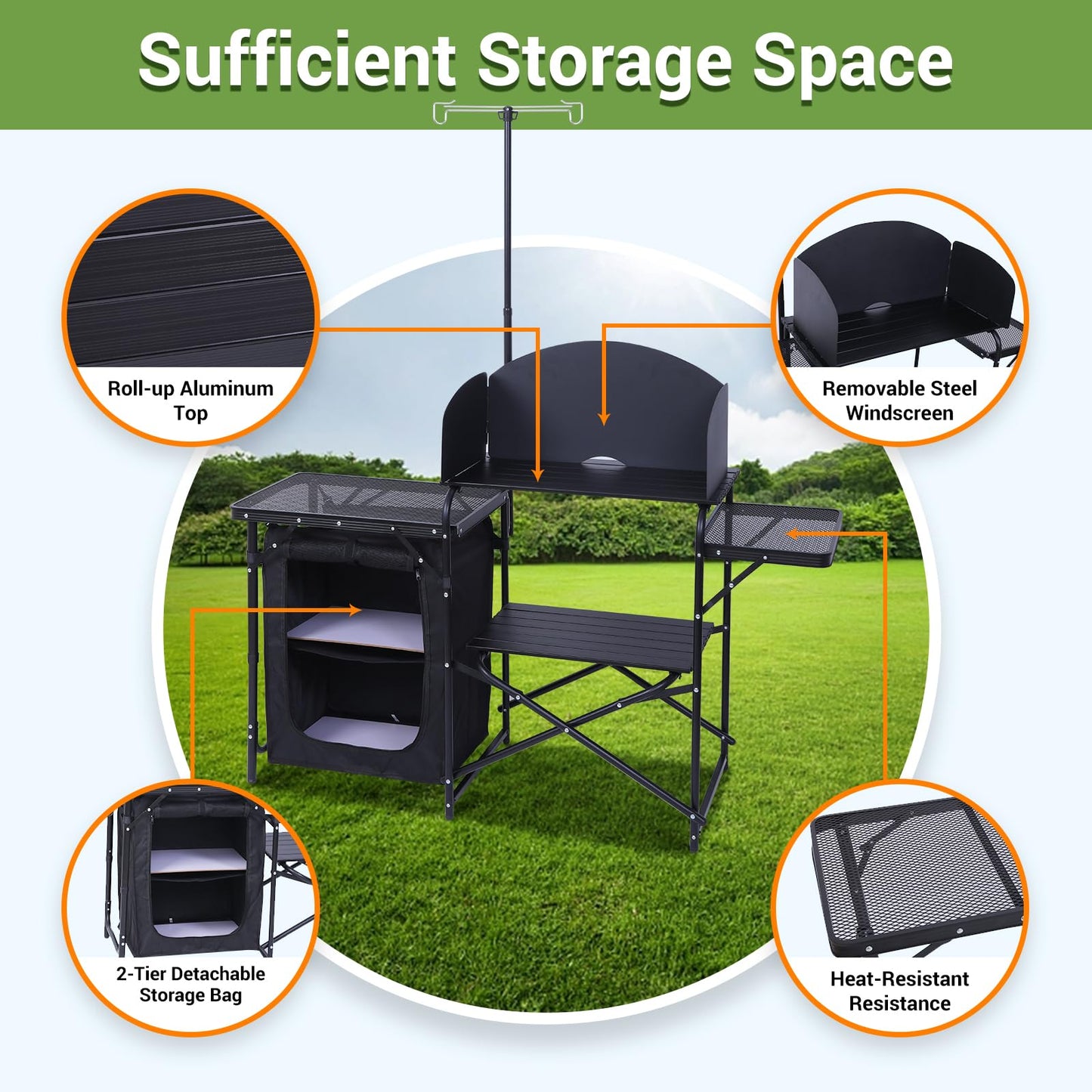 Folding Camping Kitchen Station with Light Stand and Organizers