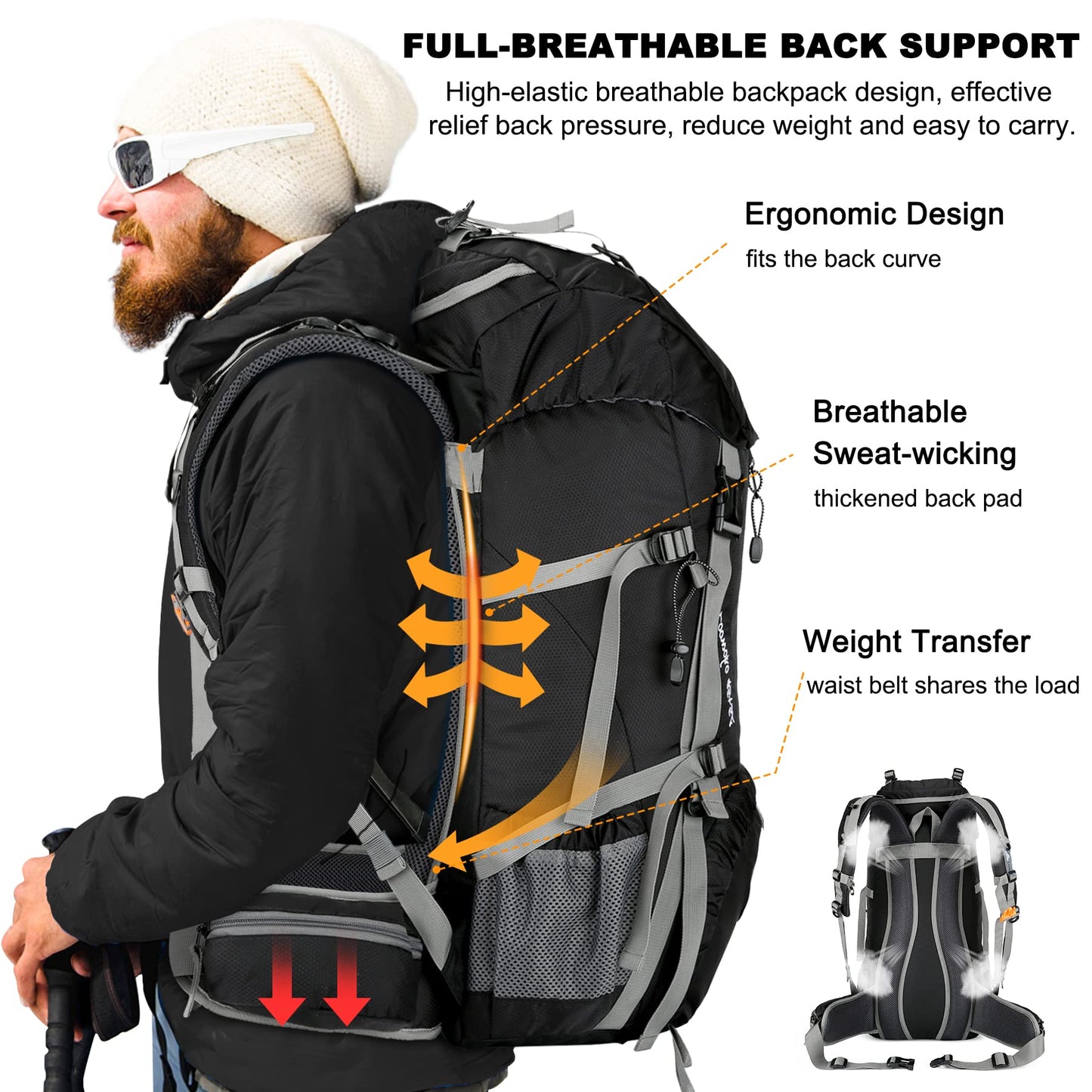 Waterproof 50L Hiking Backpack with Rain Cover