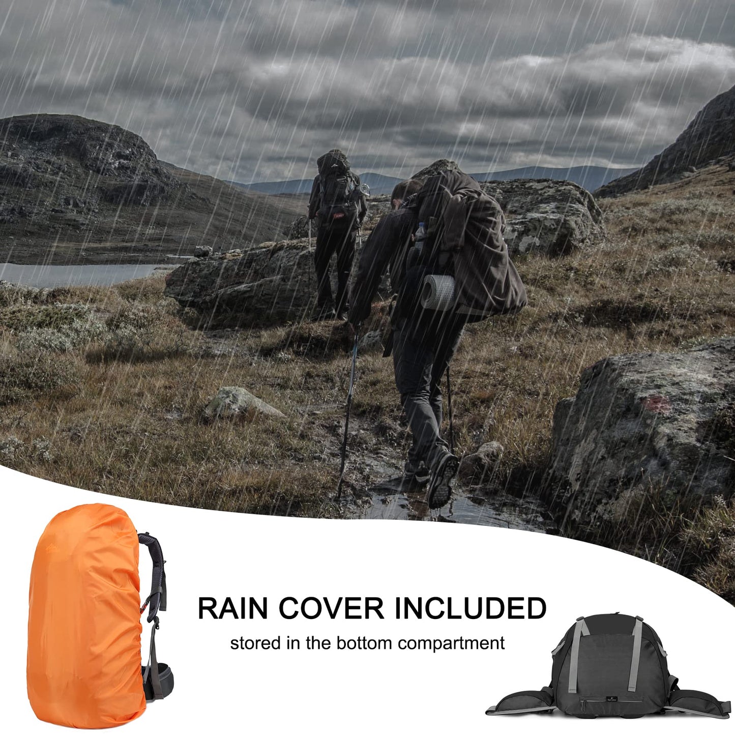 Waterproof 50L Hiking Backpack with Rain Cover