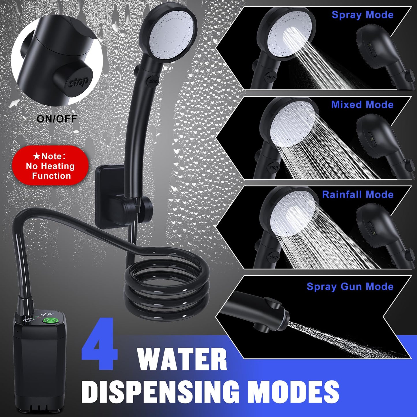 Rechargeable Portable Camping Shower with LED Display and 4 Spray Modes