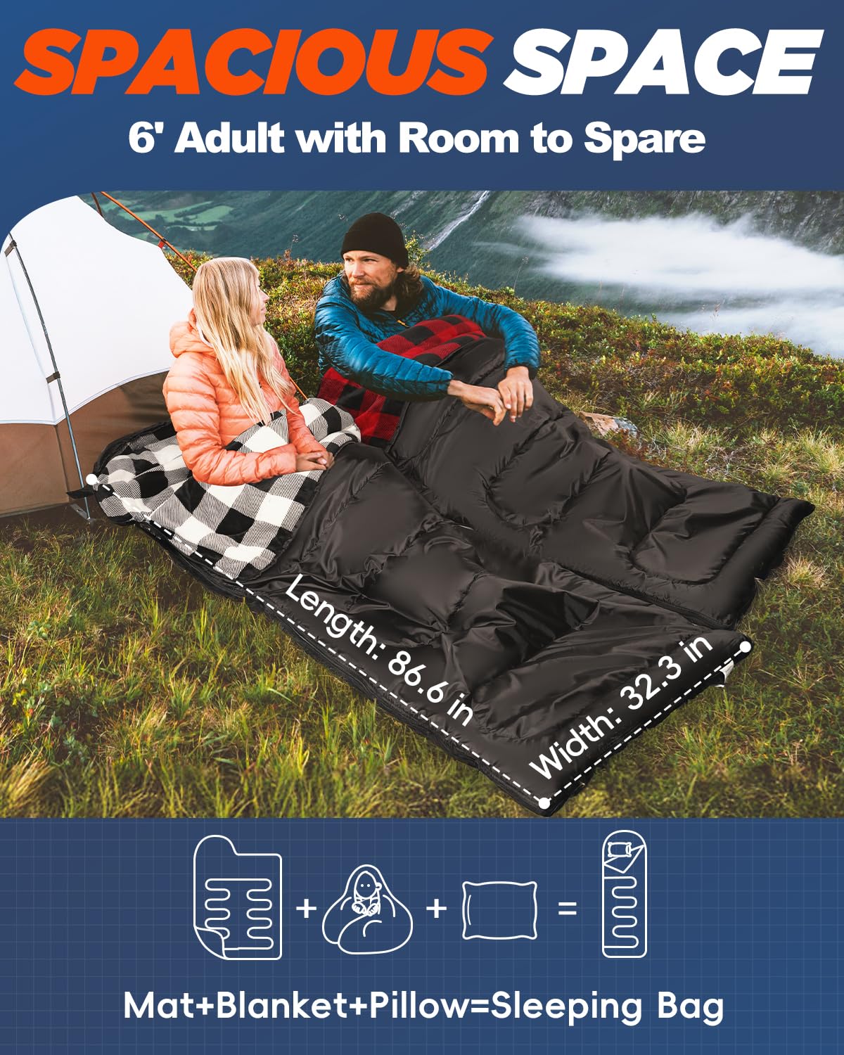 XL Flannel Sleeping Bag with Pillow and Compression Sack