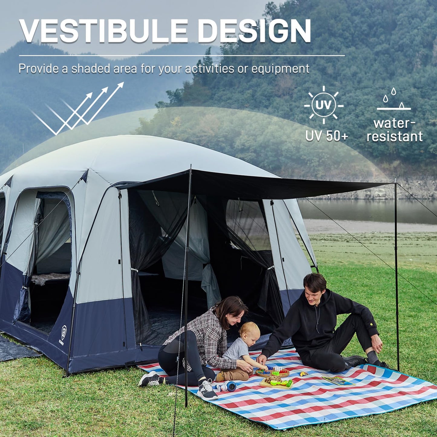10-Person Multi-Room Blackout Camping Tent with Rainfly