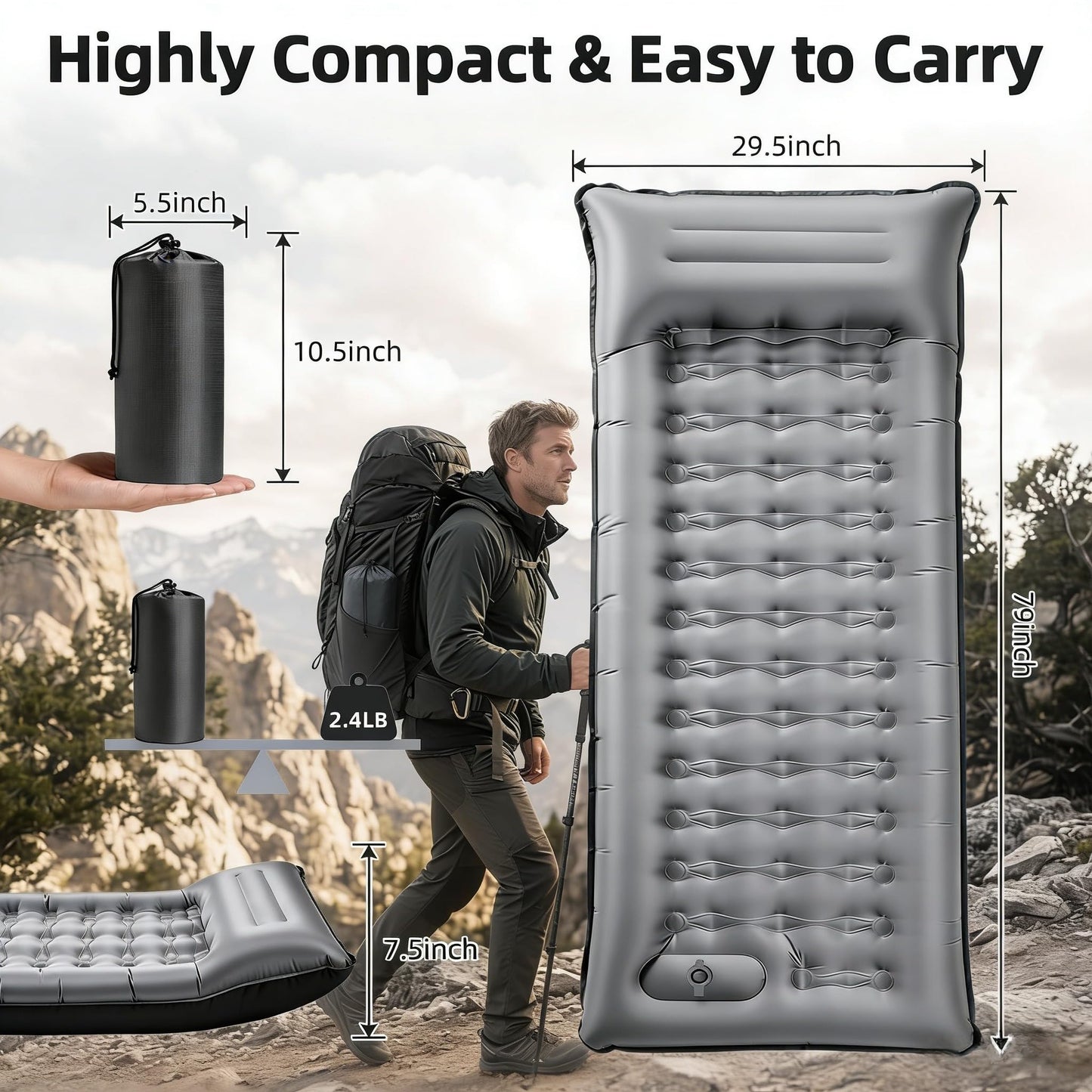 6-Inch Inflatable Sleeping Pad with Pillow and Foot Pump