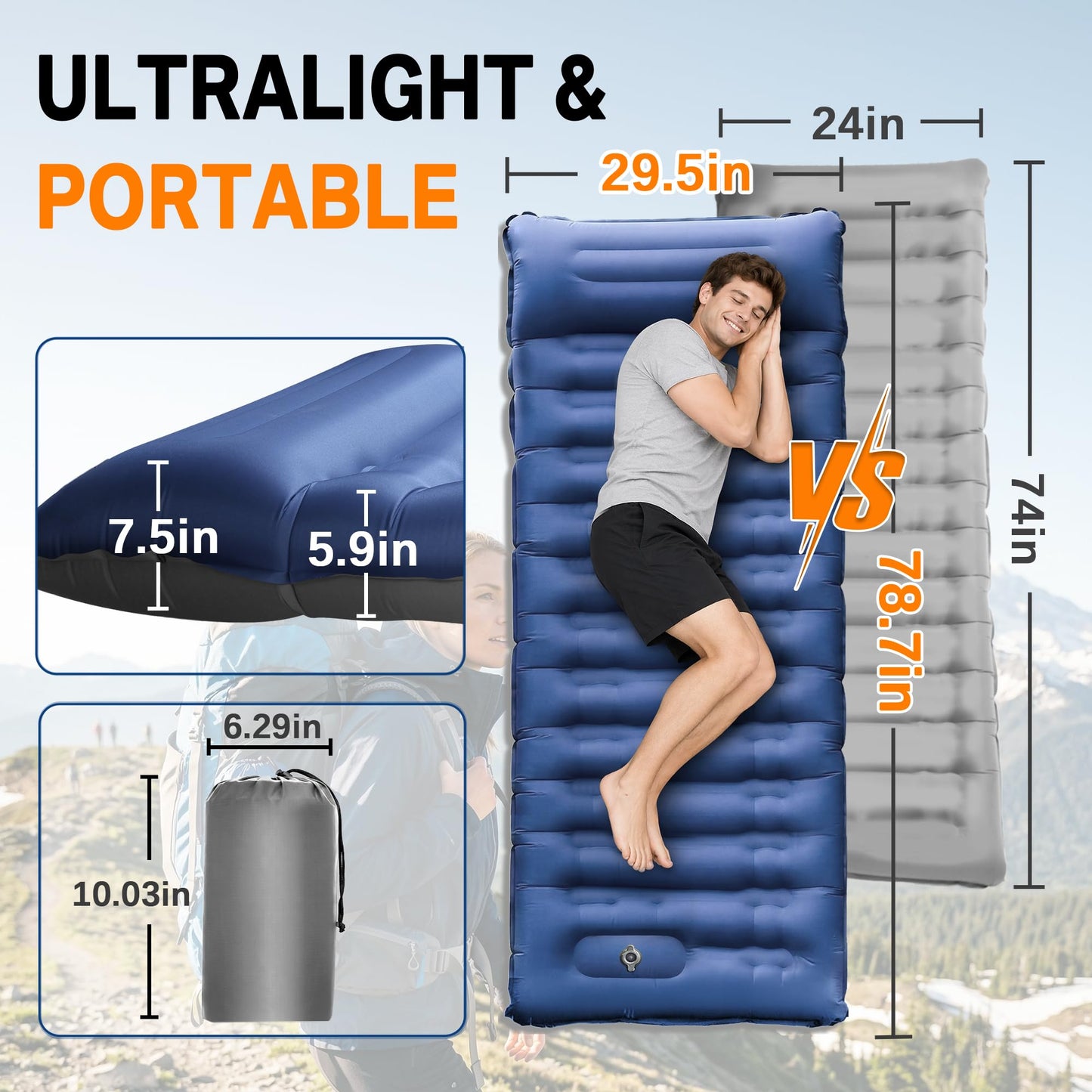Extra-Thick Sleeping Pad with Built-In Pillow and Foot Pump