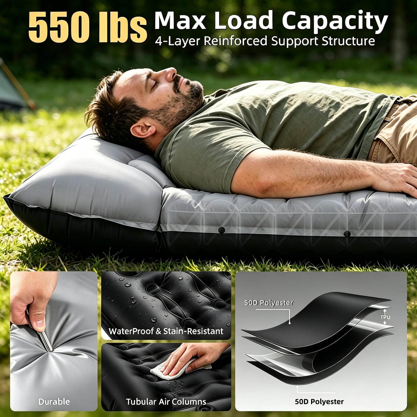 6-Inch Inflatable Sleeping Pad with Pillow and Foot Pump