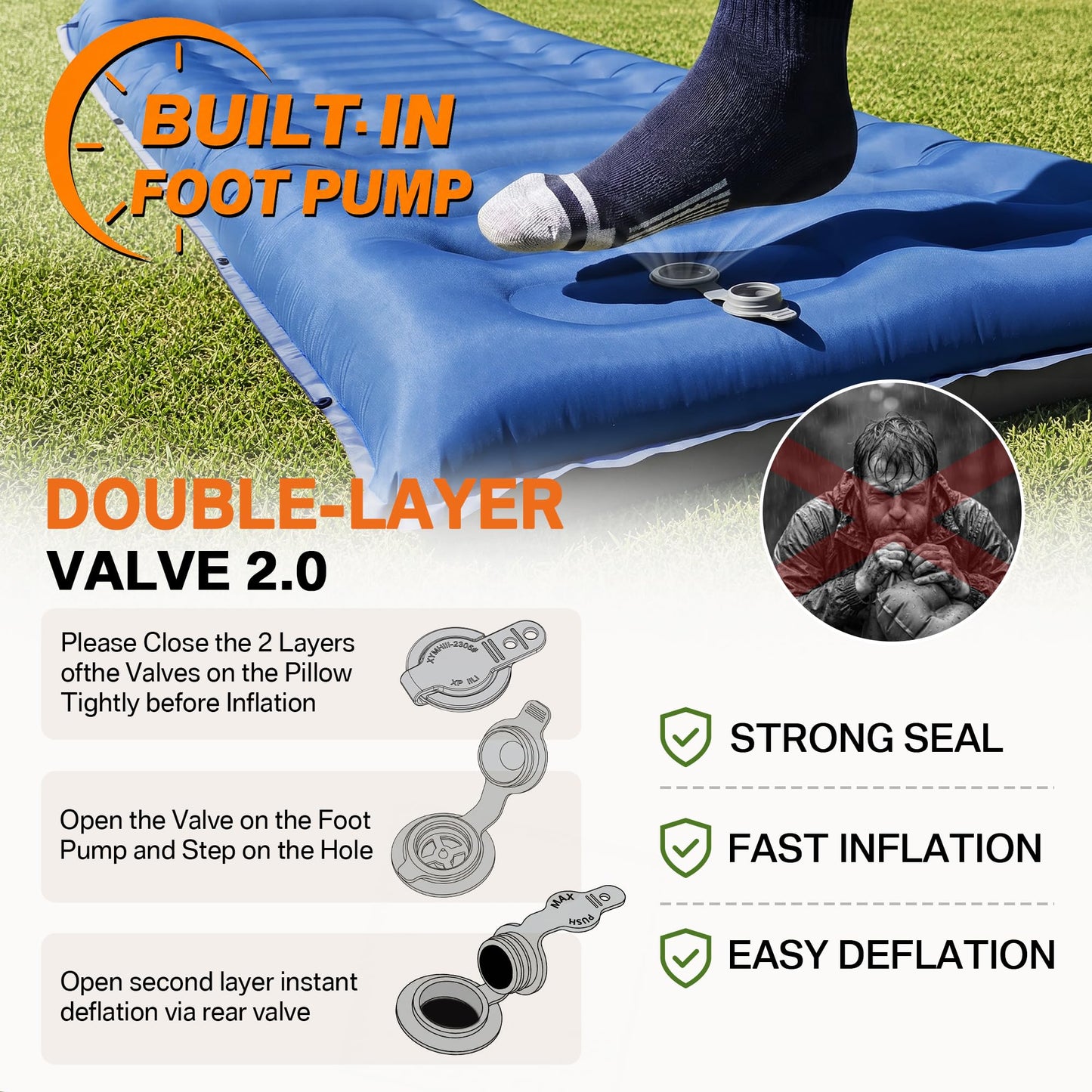Extra-Thick Sleeping Pad with Built-In Pillow and Foot Pump