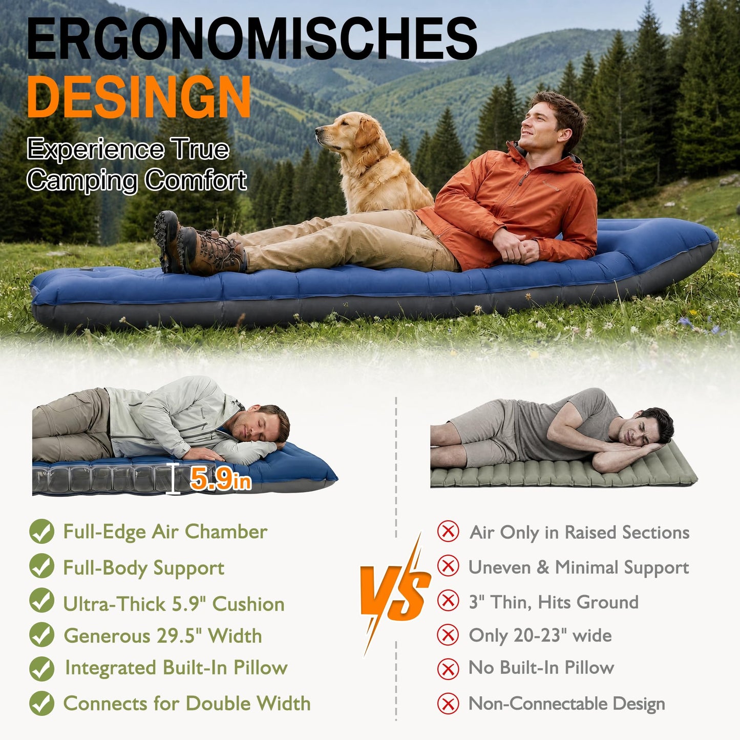 Extra-Thick Sleeping Pad with Built-In Pillow and Foot Pump