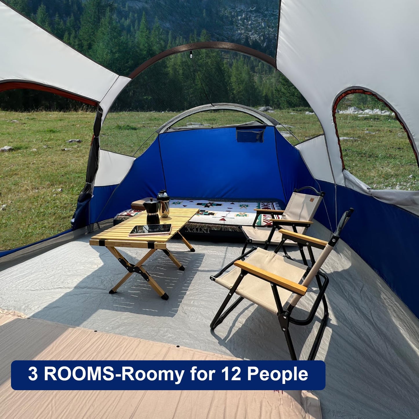 12-Person Three-Room Family Camping Tent with Rainfly