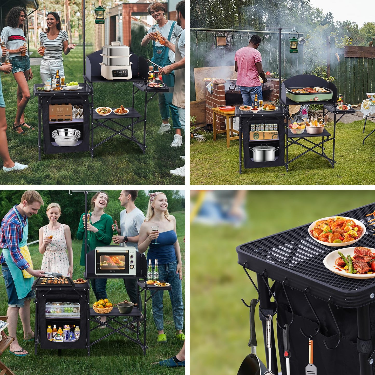 Folding Camping Kitchen Station with Light Stand and Organizers