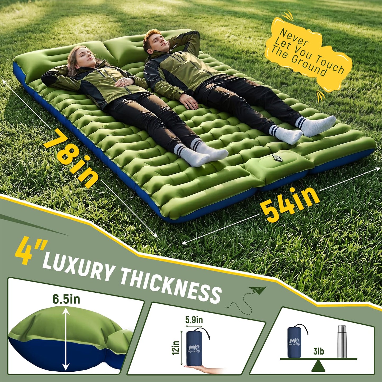 Extra-Thick Double Sleeping Pad with Built-In Pillow & Foot Pump