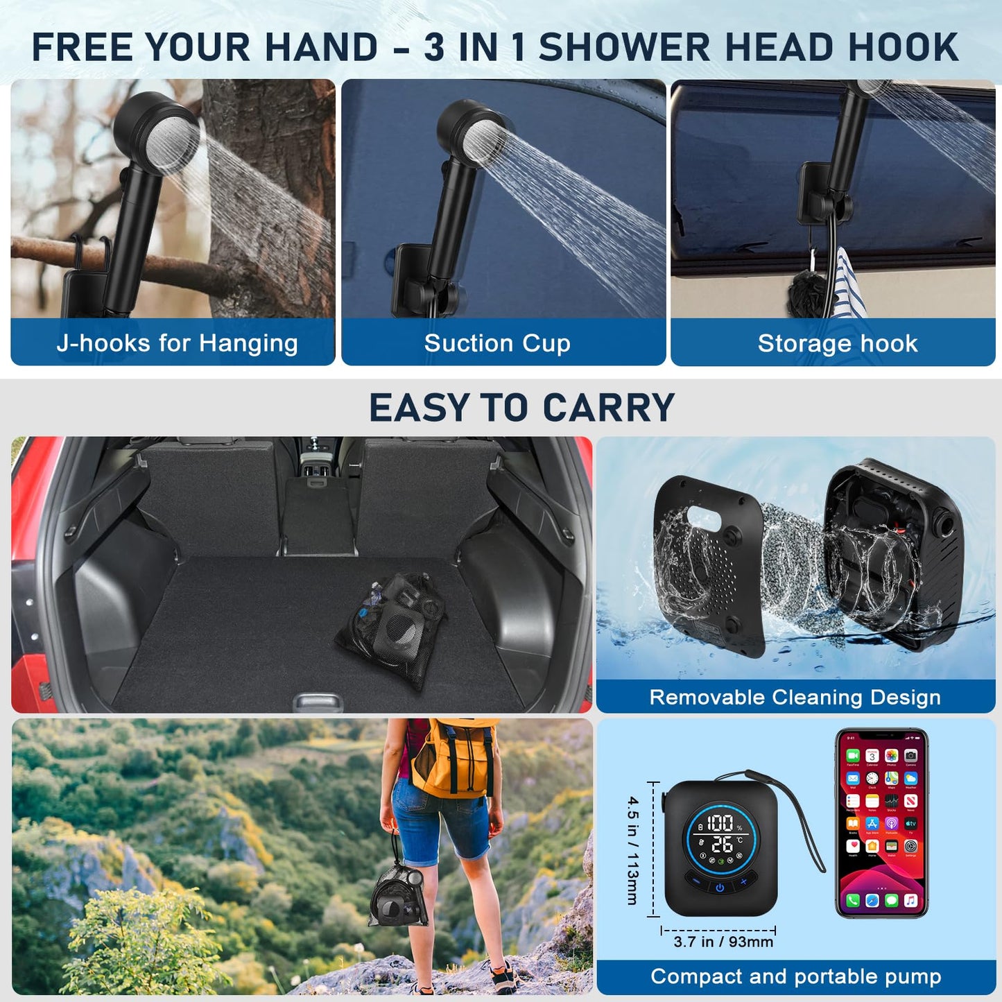 Rechargeable Portable Camping Shower with 5 Adjustable Speeds