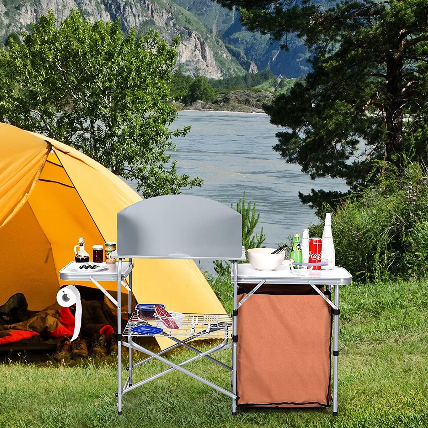 Portable Camping Kitchen Table with Storage and Windscreen